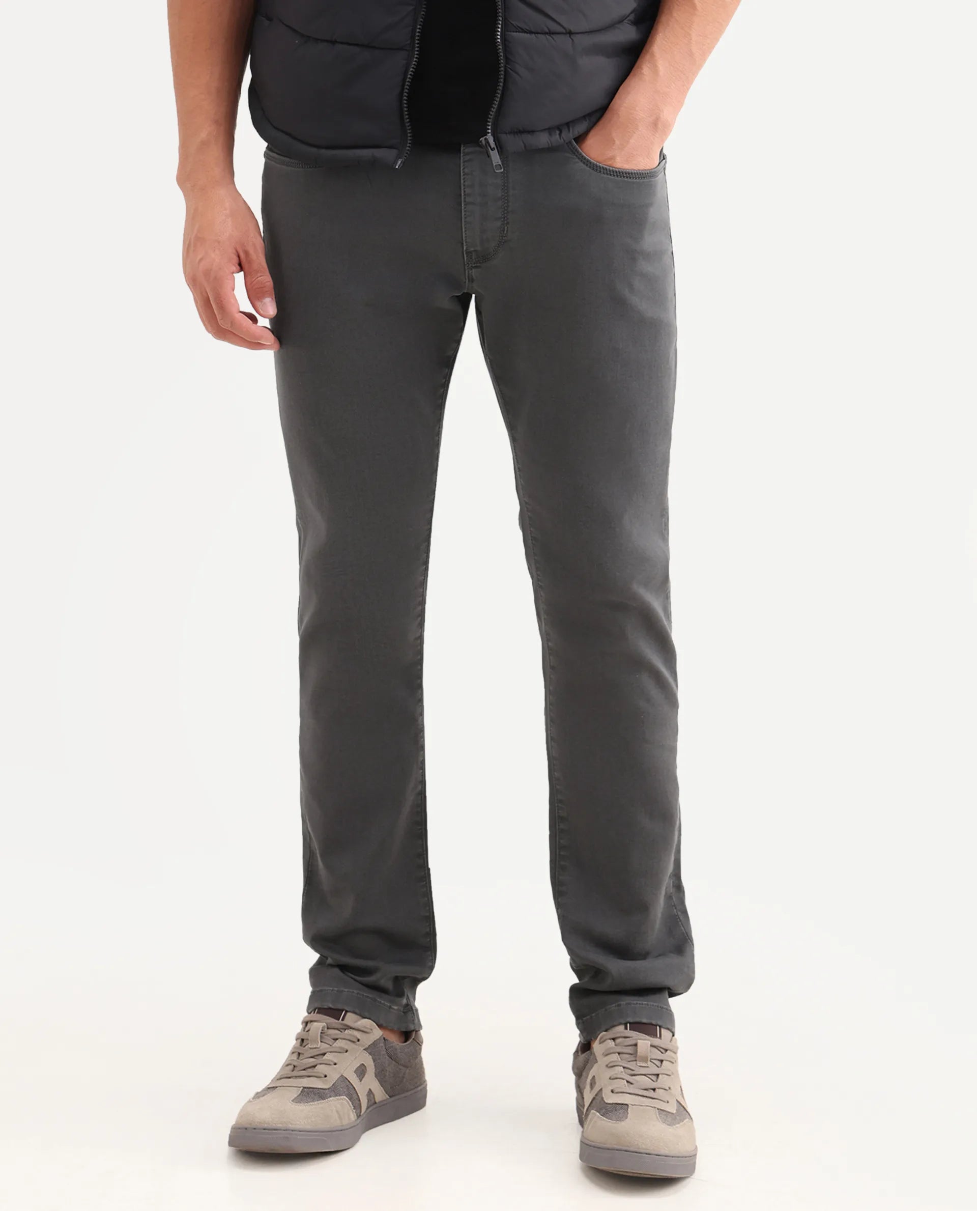 Rare Rabbit Men's Korv 26 Grey Cotton Blend Fabric Shank And Zipper Hawk Slim Plain Jeans
