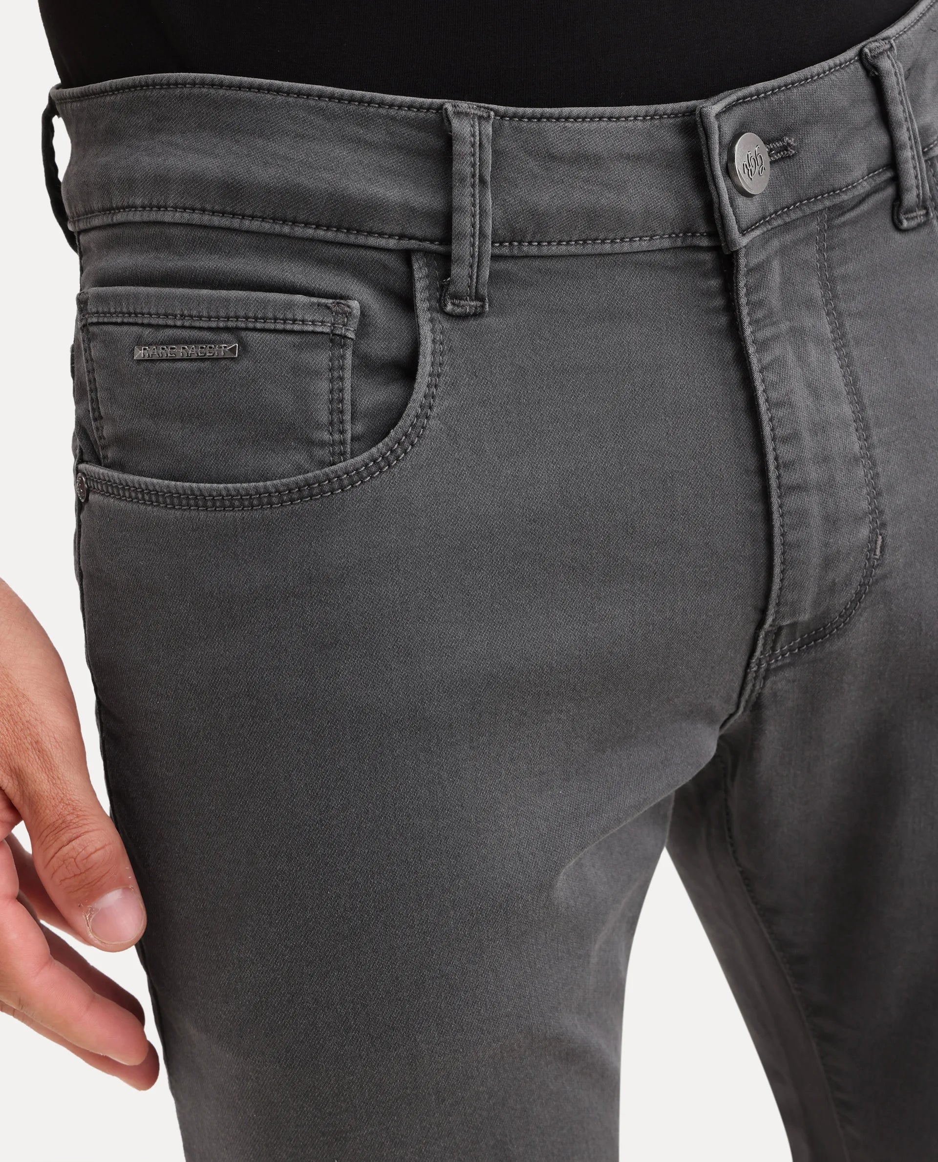 Rare Rabbit Men's Korv 26 Grey Cotton Blend Fabric Shank And Zipper Hawk Slim Plain Jeans