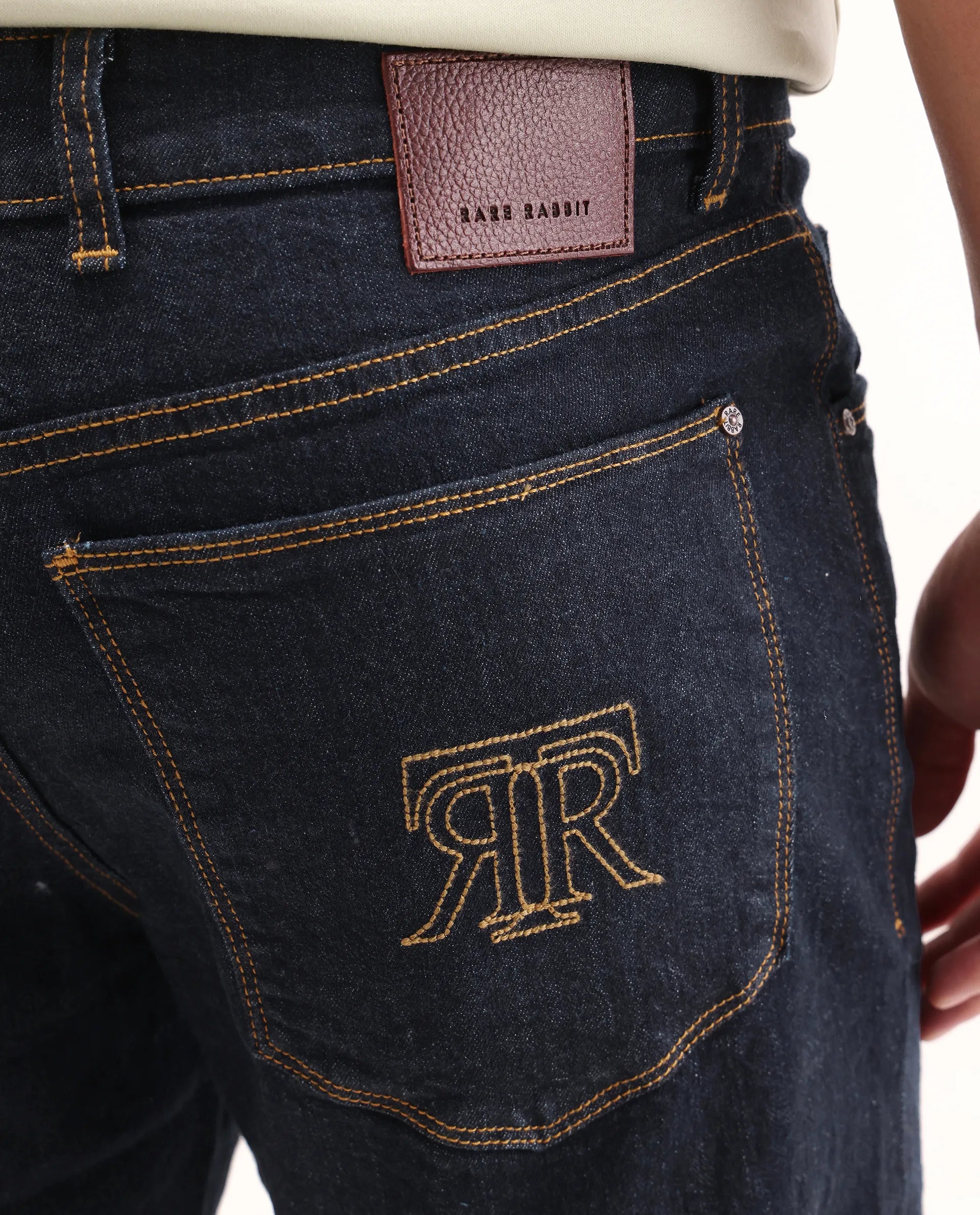 Rare Rabbit Men's Yukto M Dark Navy Cotton Blend Fabric Shank And Zipper Morris Regular Plain Jeans