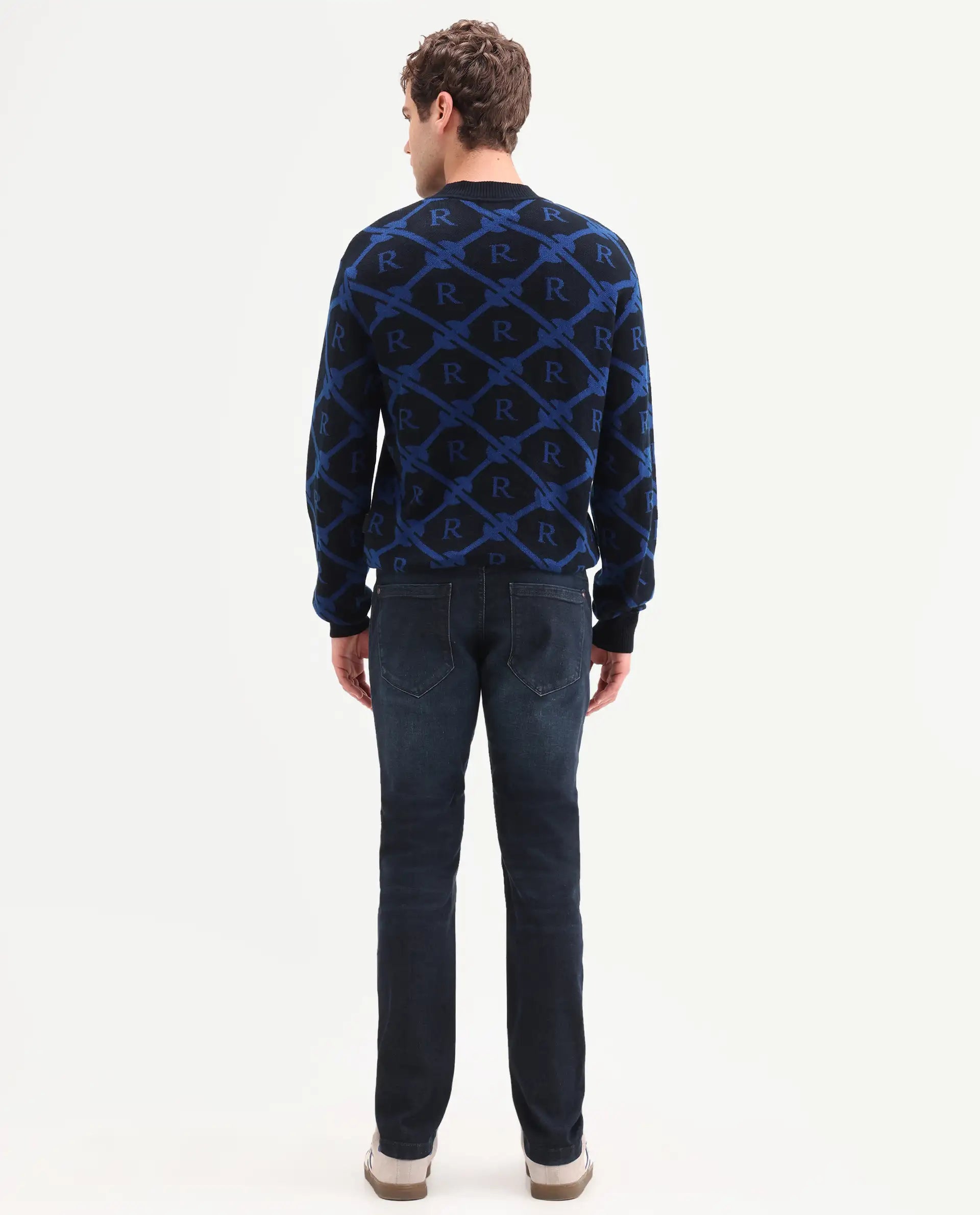 Rare Rabbit Men's Timon Dark Navy Cotton Blend Fabric Shank And Zipper Hawk Slim Plain Jeans