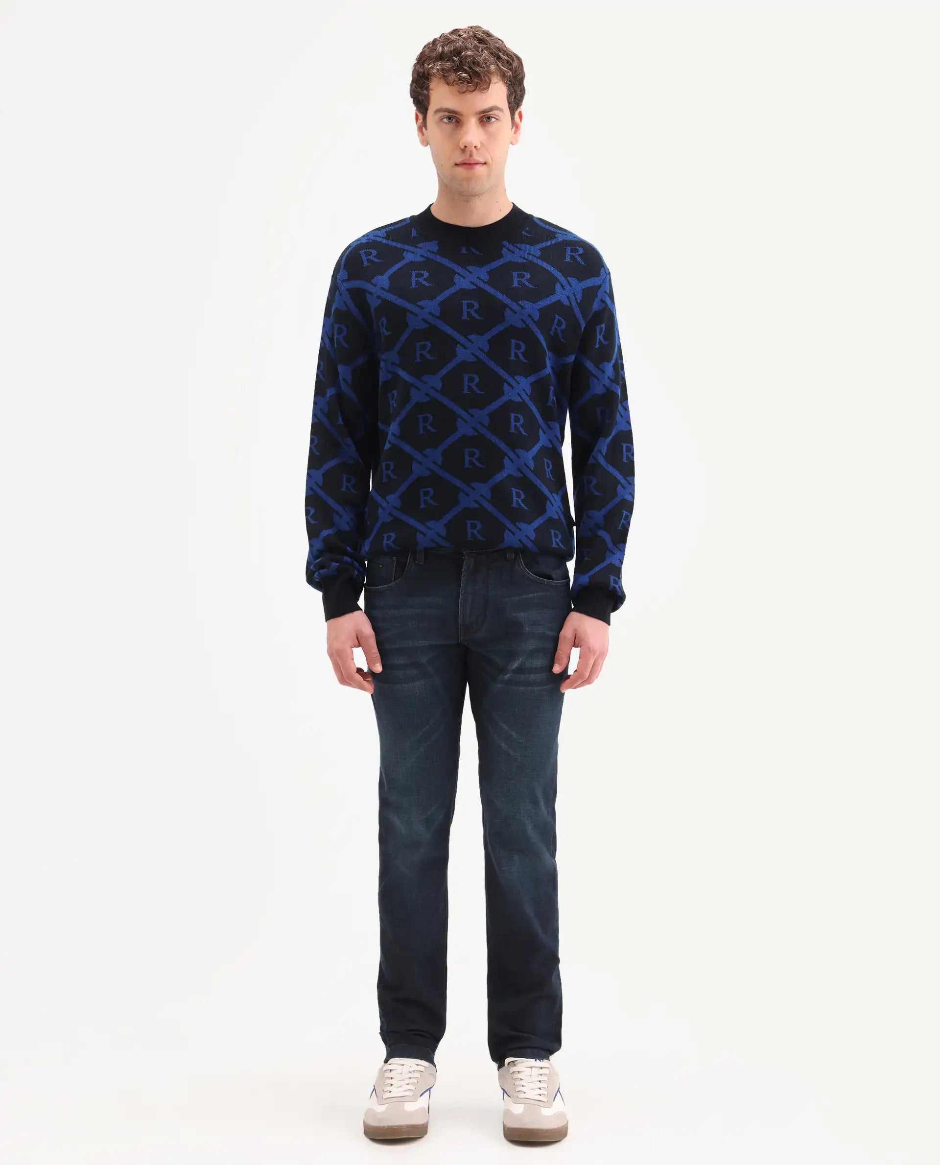 Rare Rabbit Men's Timon Dark Navy Cotton Blend Fabric Shank And Zipper Hawk Slim Plain Jeans