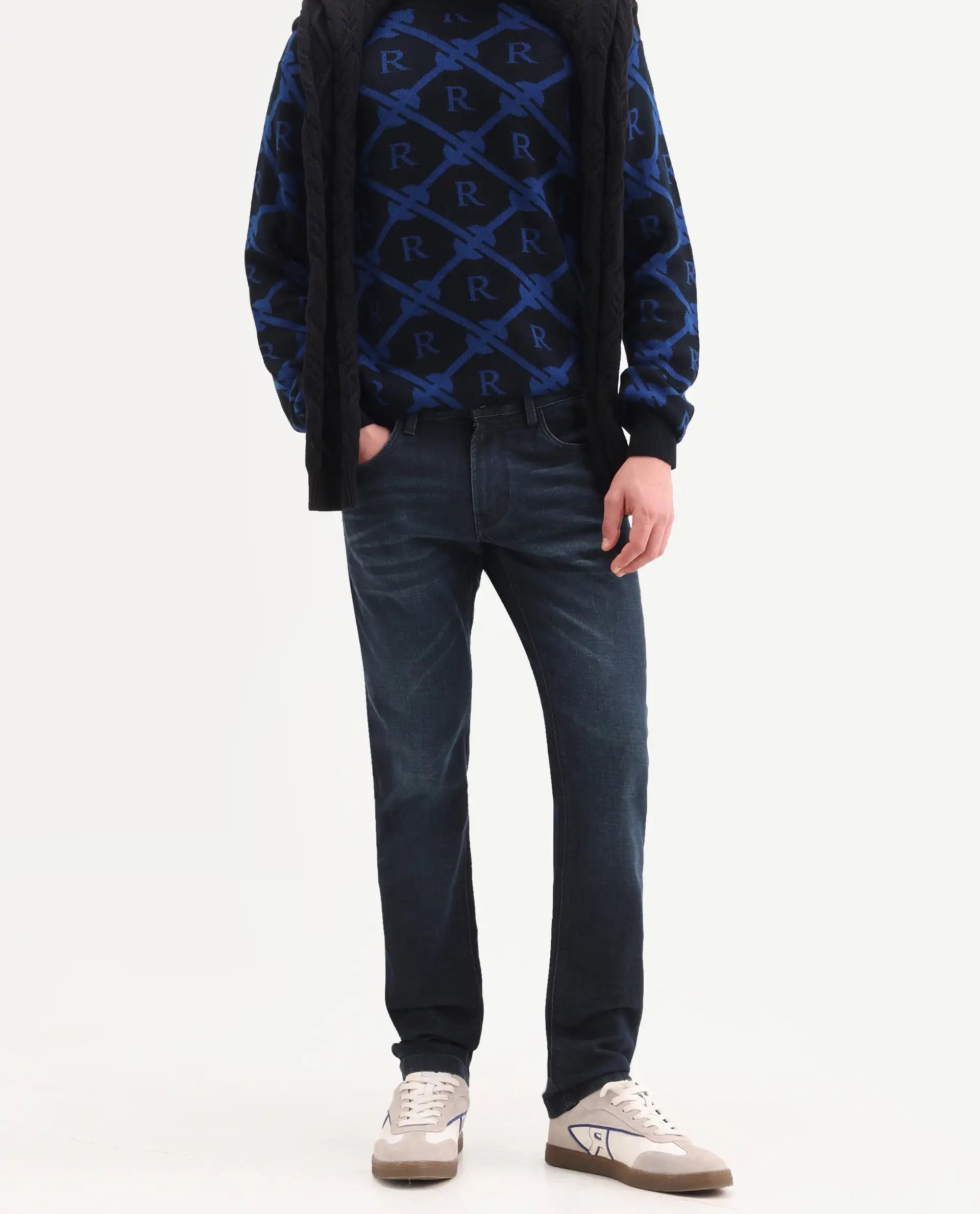 Rare Rabbit Men's Timon Dark Navy Cotton Blend Fabric Shank And Zipper Hawk Slim Plain Jeans