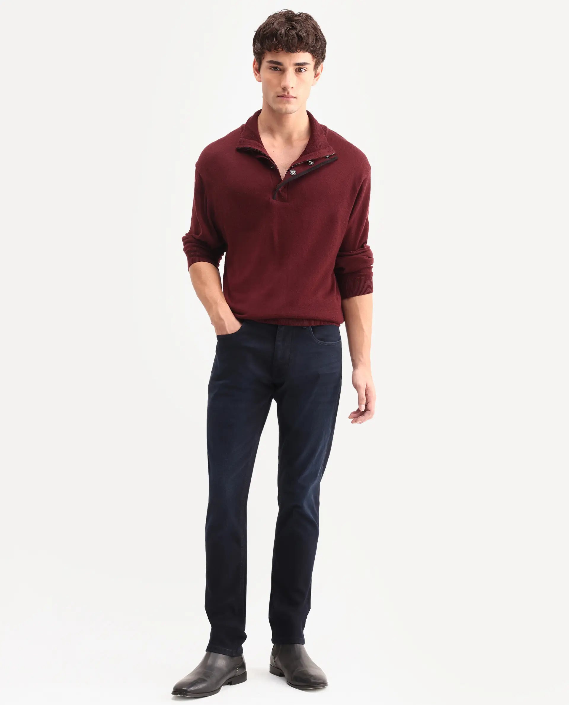 Rare Rabbit Men's Victo 26 Dark Blue Cotton Blend Fabric Shank And Zipper Hawk Slim Plain Jeans