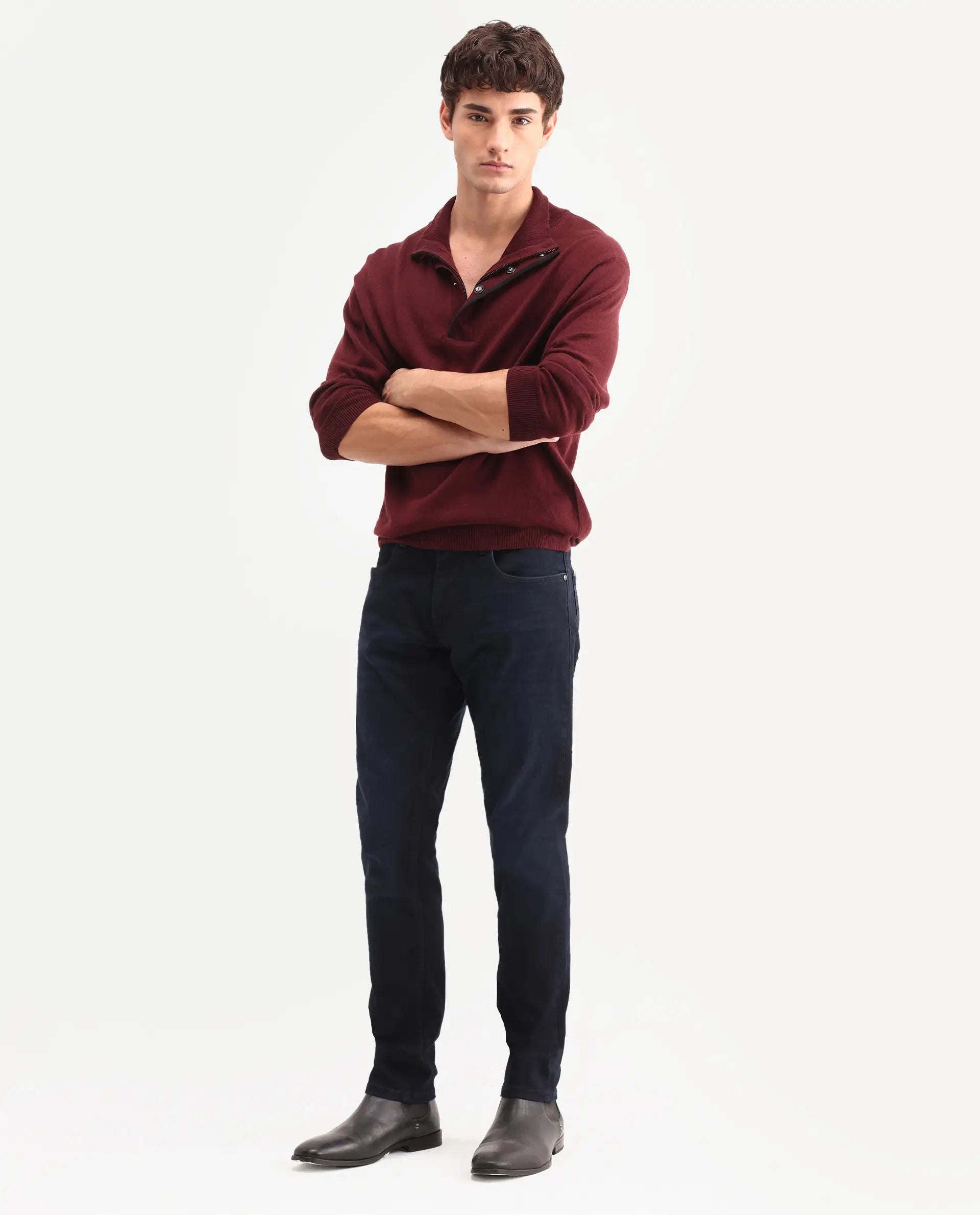 Rare Rabbit Men's Victo 26 Dark Blue Cotton Blend Fabric Shank And Zipper Hawk Slim Plain Jeans