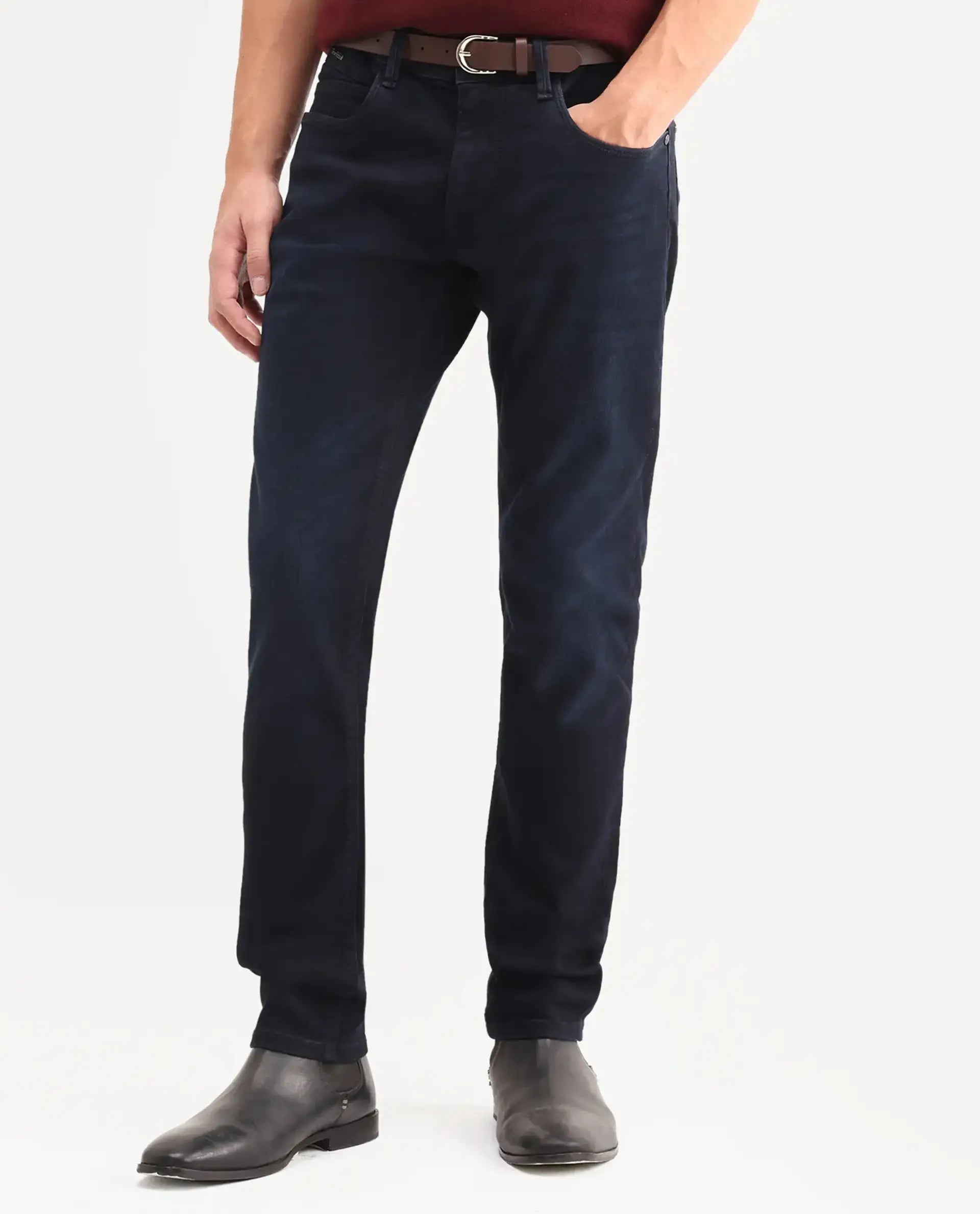 Rare Rabbit Men's Victo 26 Dark Blue Cotton Blend Fabric Shank And Zipper Hawk Slim Plain Jeans