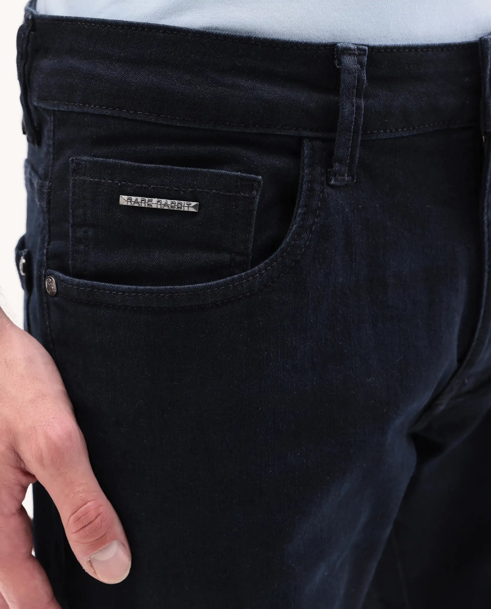 Rare Rabbit Men's Zint Dark Navy Cotton Blend Fabric Shank And Zipper Hawk Slim Plain Jeans