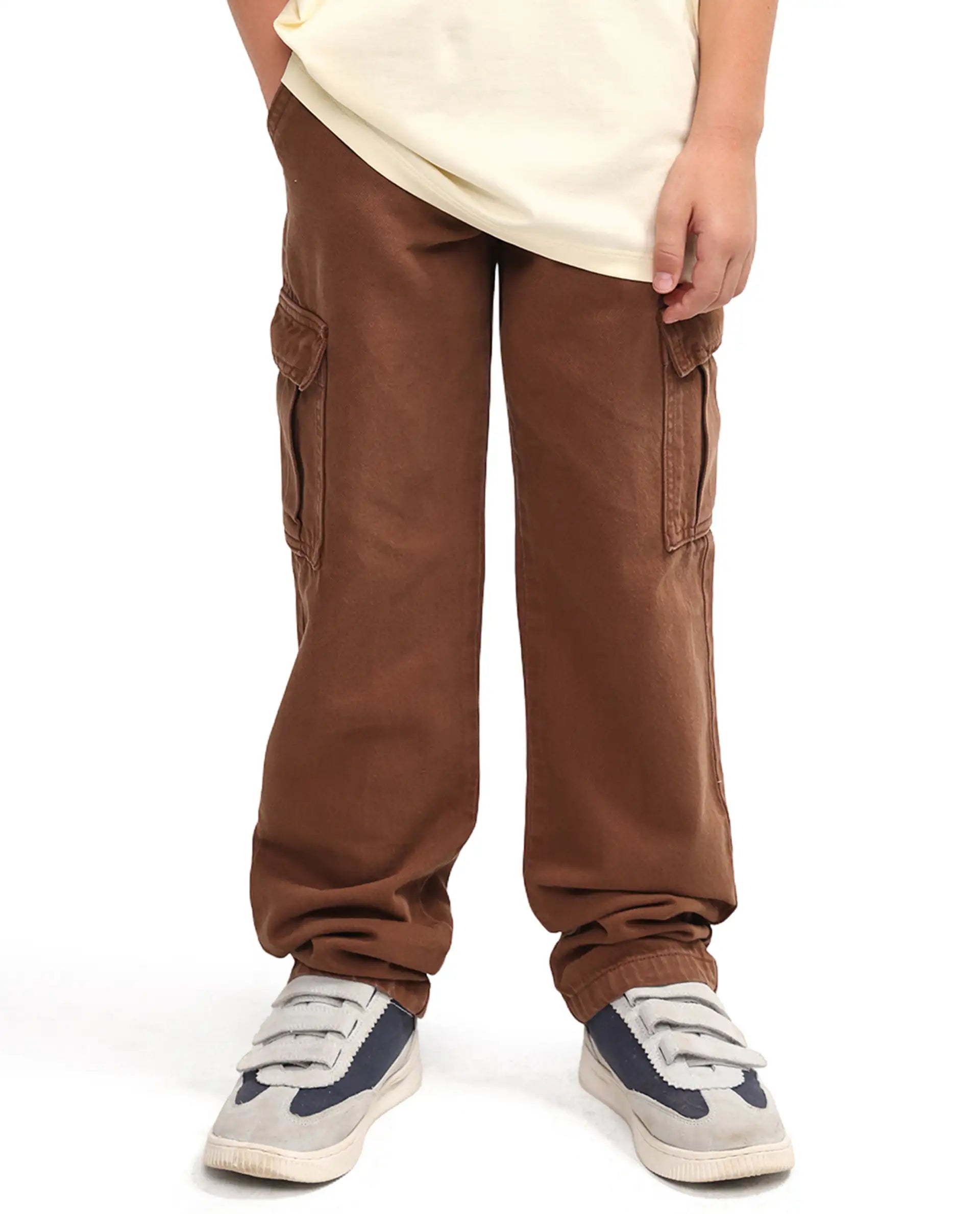 Rare Ones Kids Arrow-1 Brown Cotton Fabric Zipper Closure Relaxed Fit Jeans
