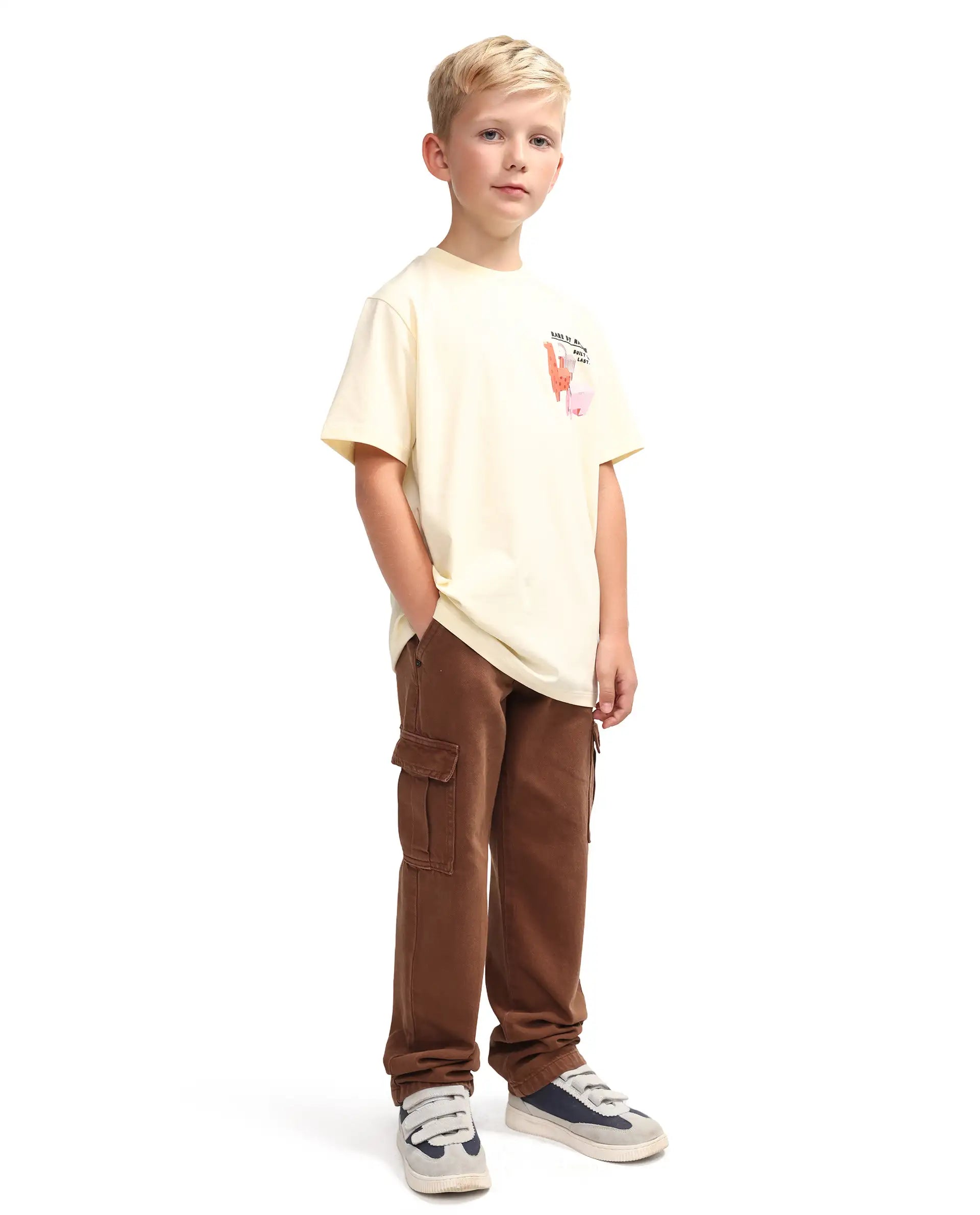 Rare Ones Kids Arrow-1 Brown Cotton Fabric Zipper Closure Relaxed Fit Jeans
