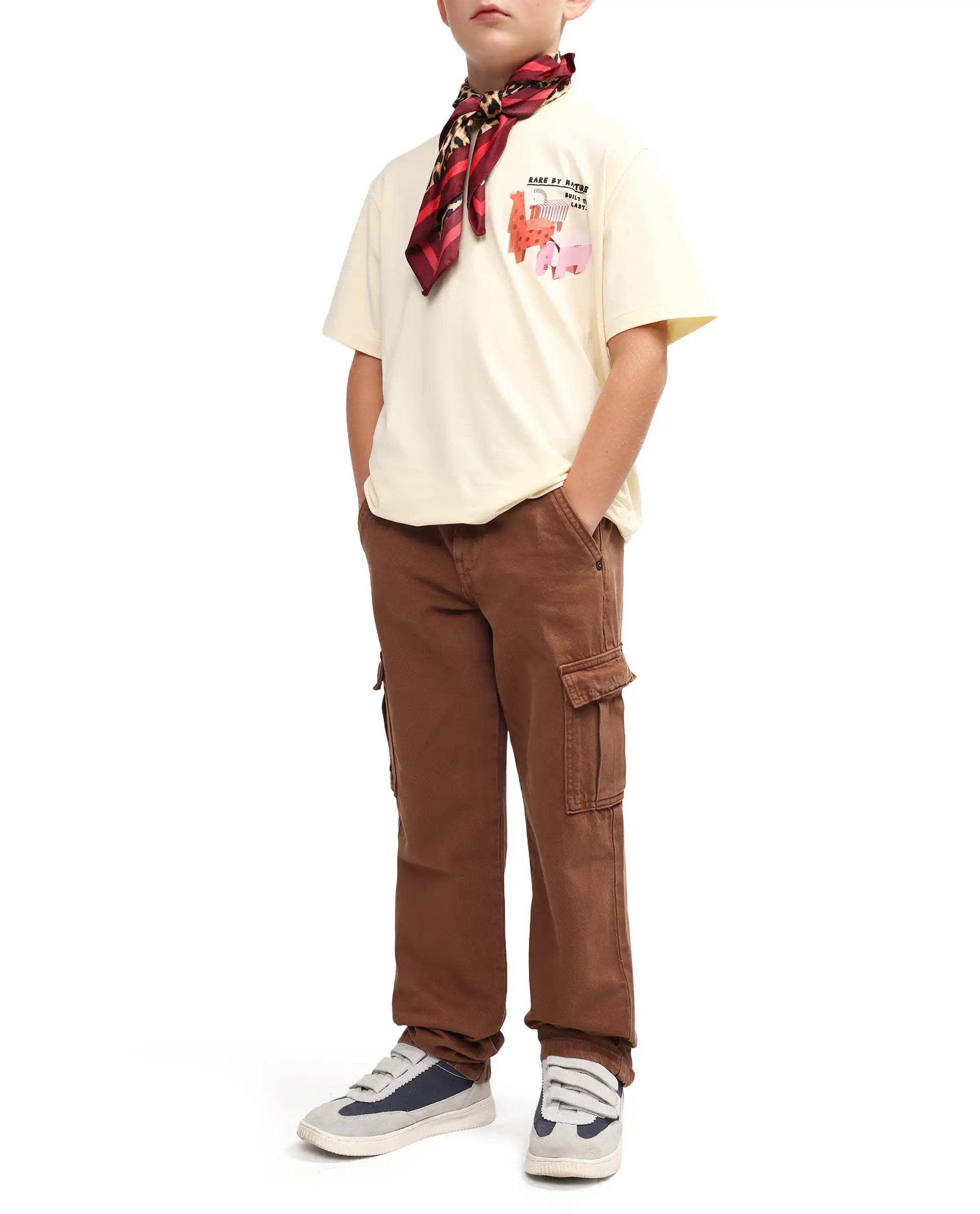 Rare Ones Kids Arrow-1 Brown Cotton Fabric Zipper Closure Relaxed Fit Jeans