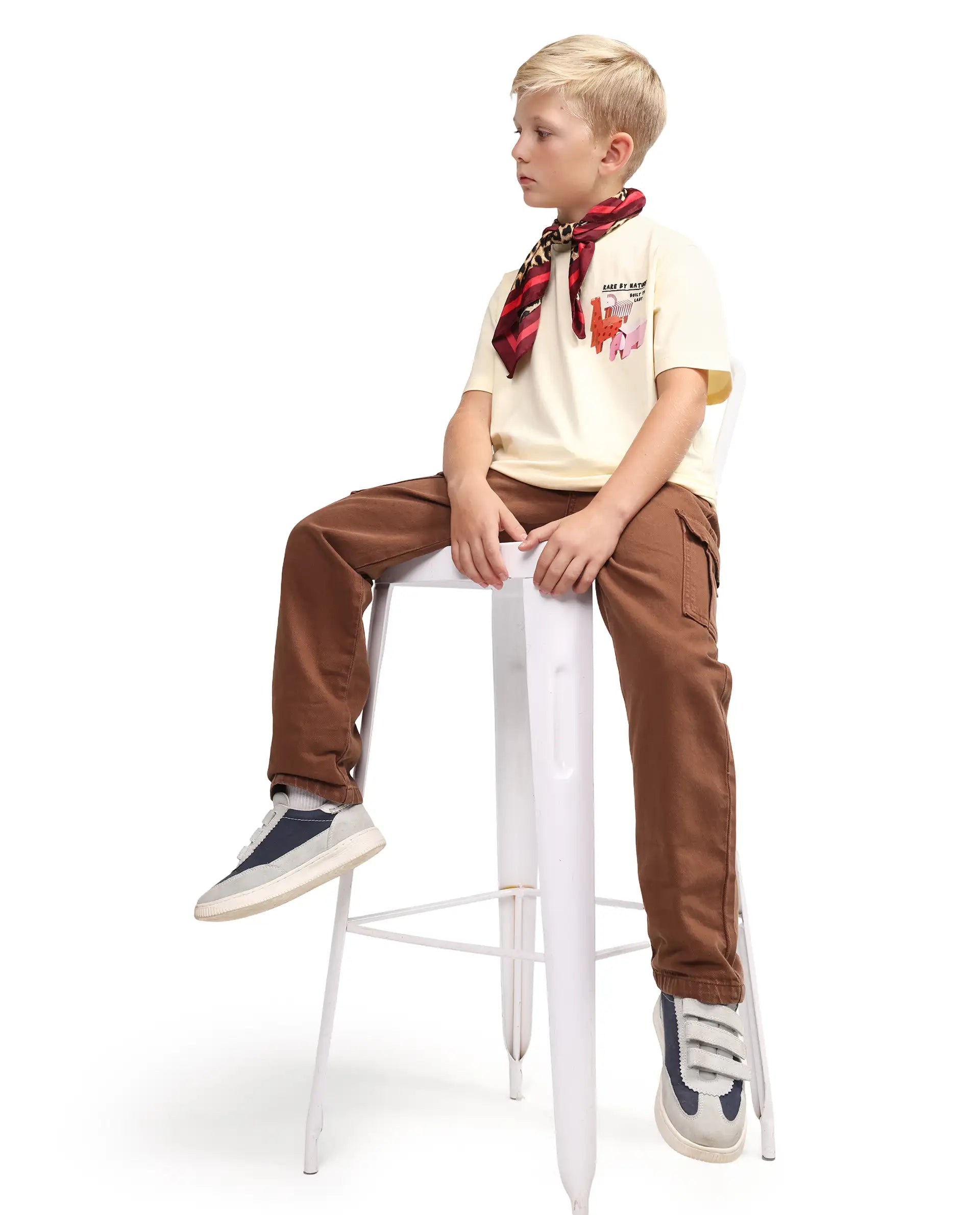 Rare Ones Kids Arrow-1 Brown Cotton Fabric Zipper Closure Relaxed Fit Jeans