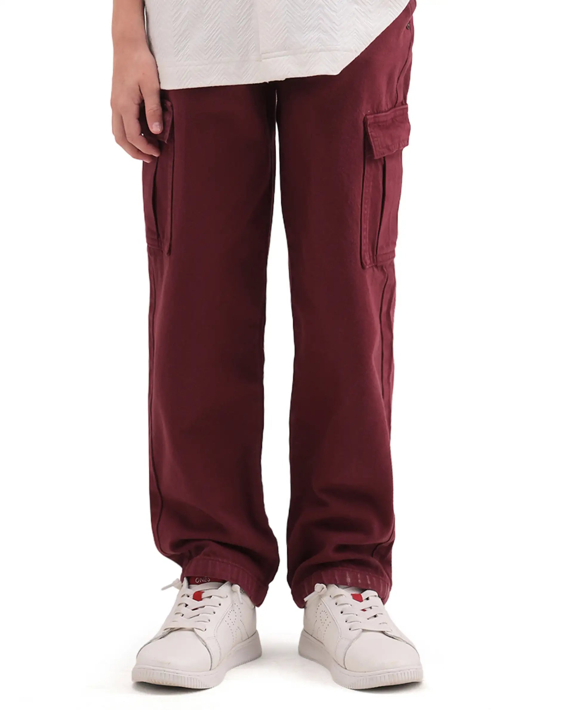 Rare Ones Kids Arrow-3 Maroon Cotton Fabric Zipper Closure Relaxed Fit Jeans