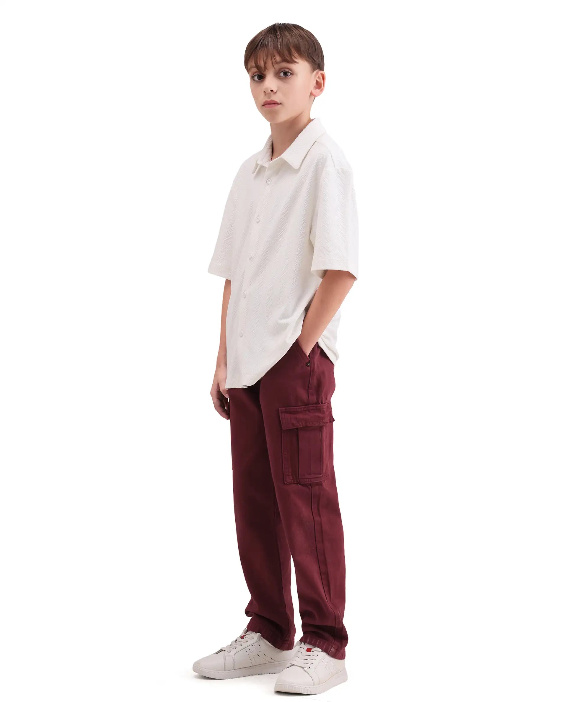 Rare Ones Kids Arrow-3 Maroon Cotton Fabric Zipper Closure Relaxed Fit Jeans