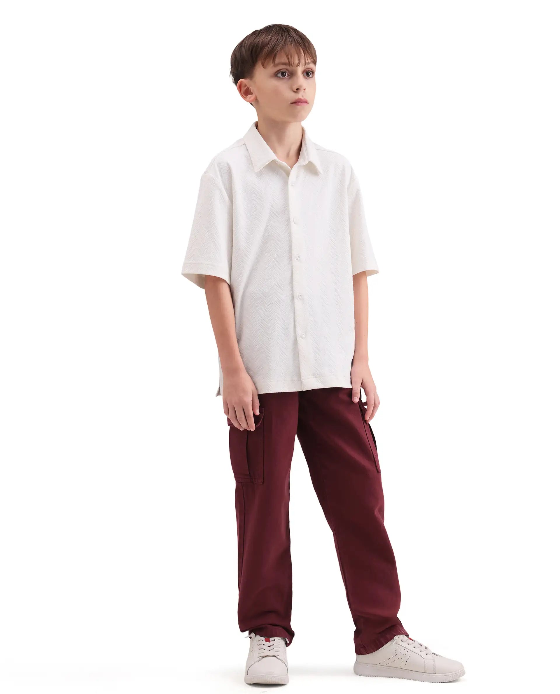 Rare Ones Kids Arrow-3 Maroon Cotton Fabric Zipper Closure Relaxed Fit Jeans
