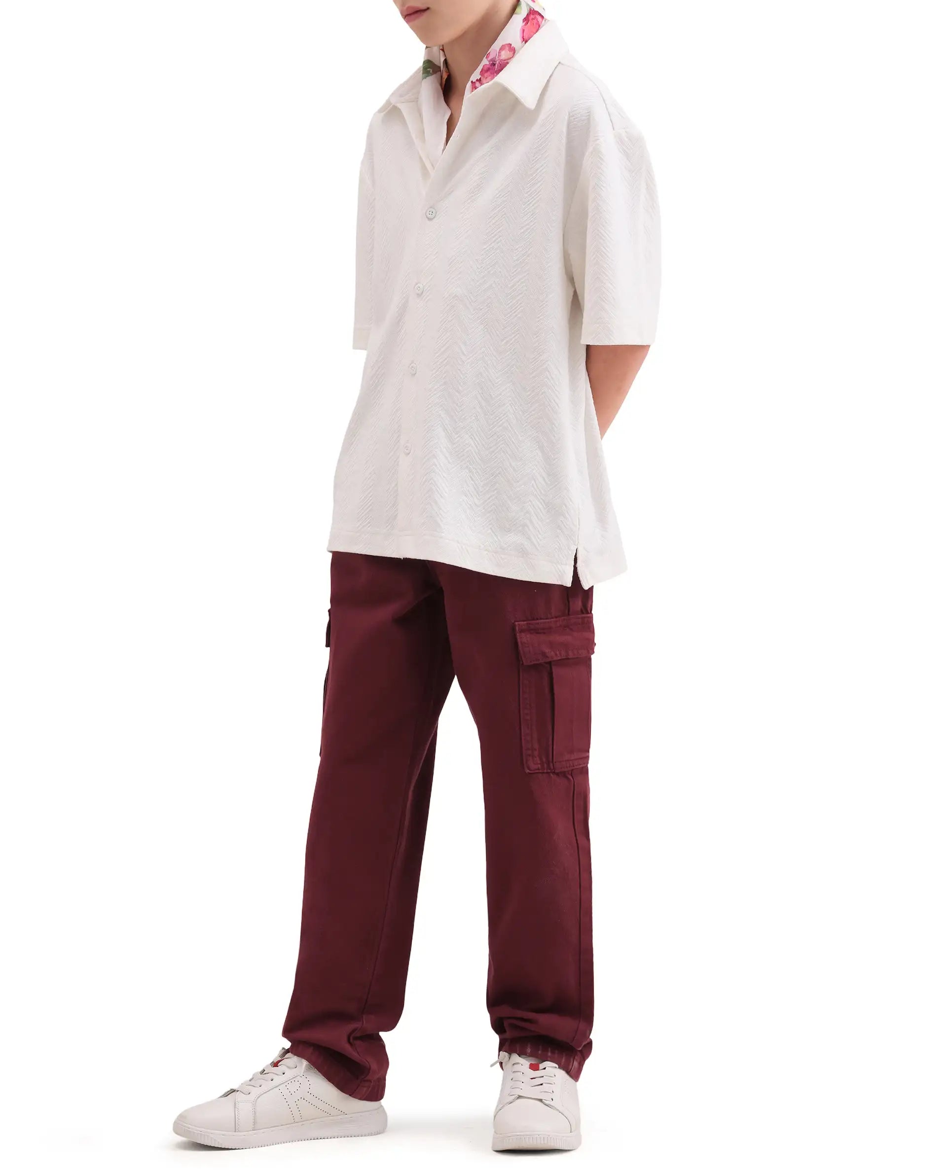 Rare Ones Kids Arrow-3 Maroon Cotton Fabric Zipper Closure Relaxed Fit Jeans