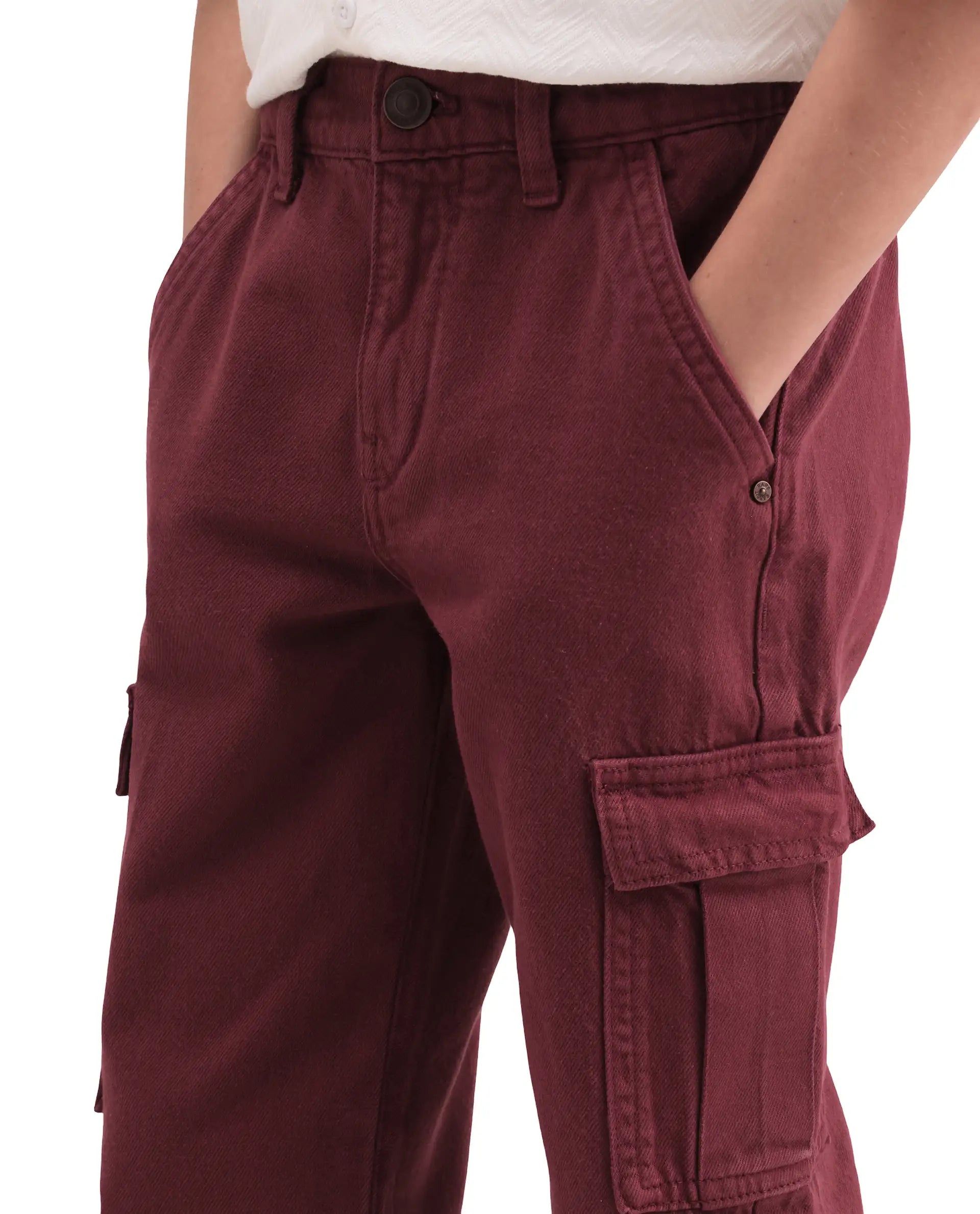 Rare Ones Kids Arrow-3 Maroon Cotton Fabric Zipper Closure Relaxed Fit Jeans