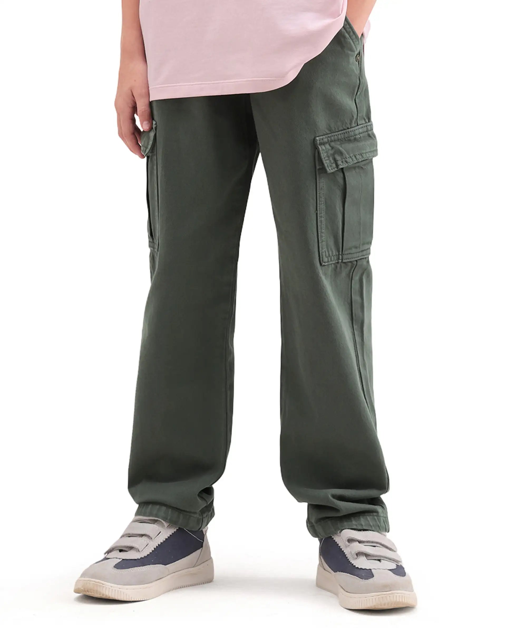 Rare Ones Kids Arrow-4 Green Cotton Fabric Zipper Closure Relaxed Fit Jeans