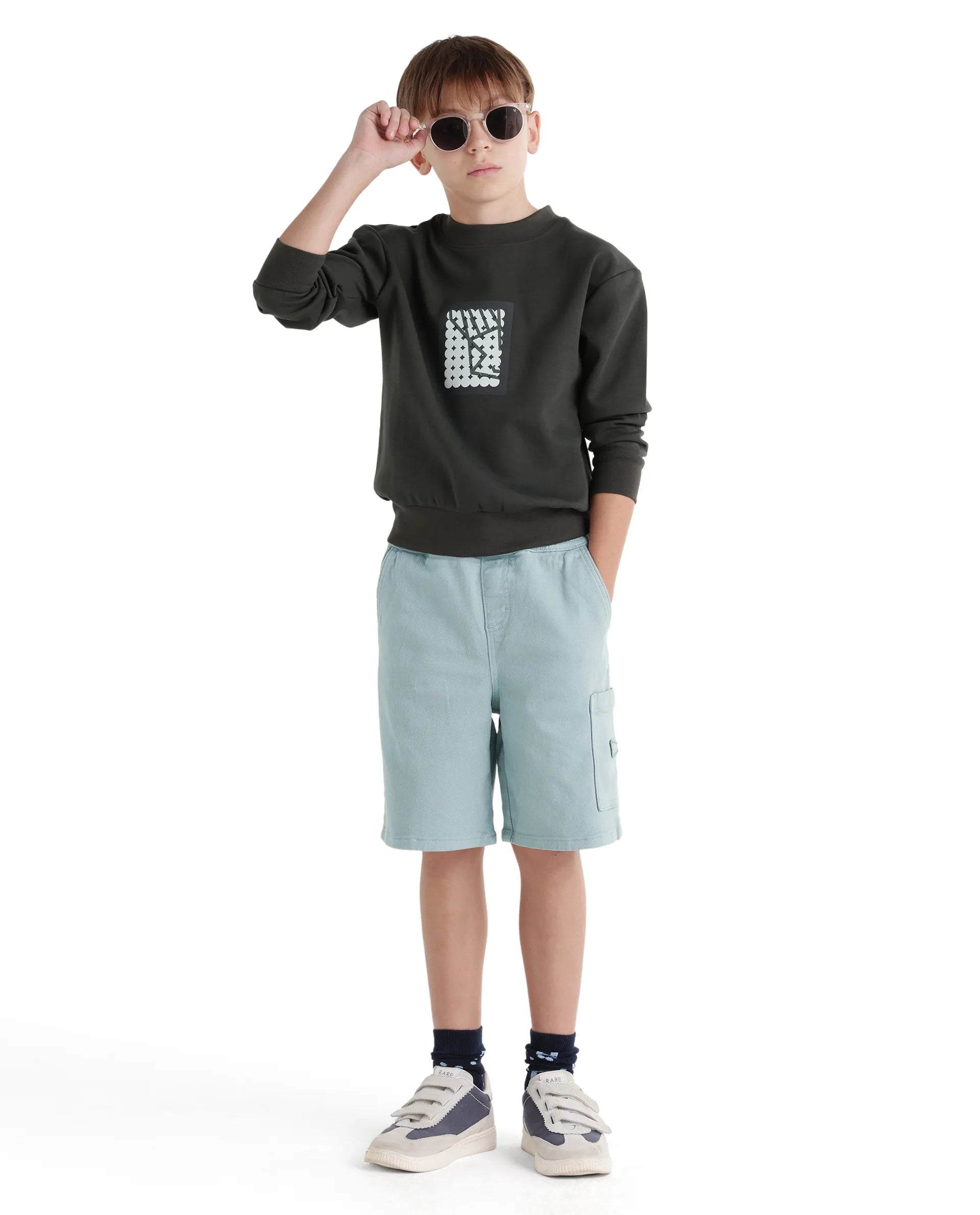Rare Ones Kids Olio Sage Cotton Fabric Pull-On Closure Regular Fit Shorts