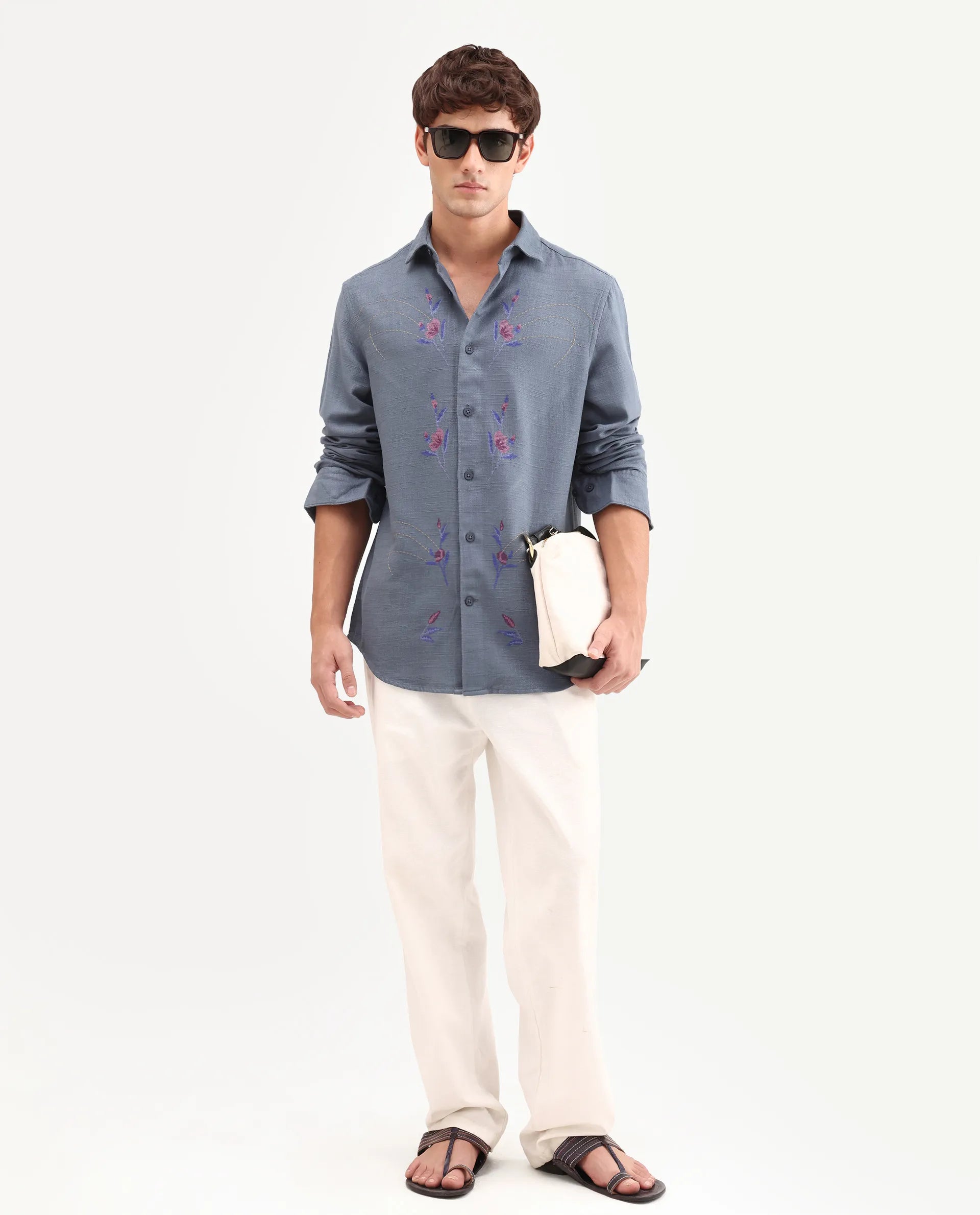 Rare Rabbit Men's Yelb Light Grey Cotton Fabric Full Sleeve Spread Collar Button Regular Embroidered Shirt