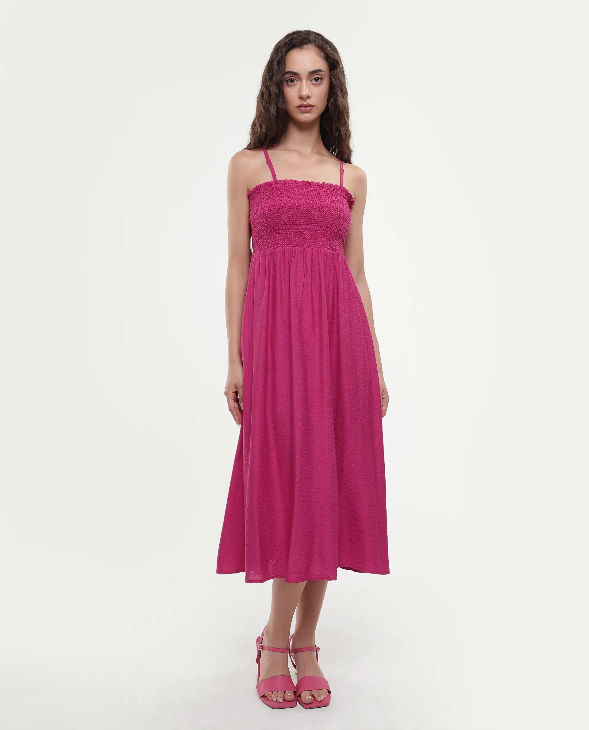 Rareism Women's Addzozo Pink Viscose Blend Sleeveless Tube Neck Elastic Fit And Flare Plain Dress