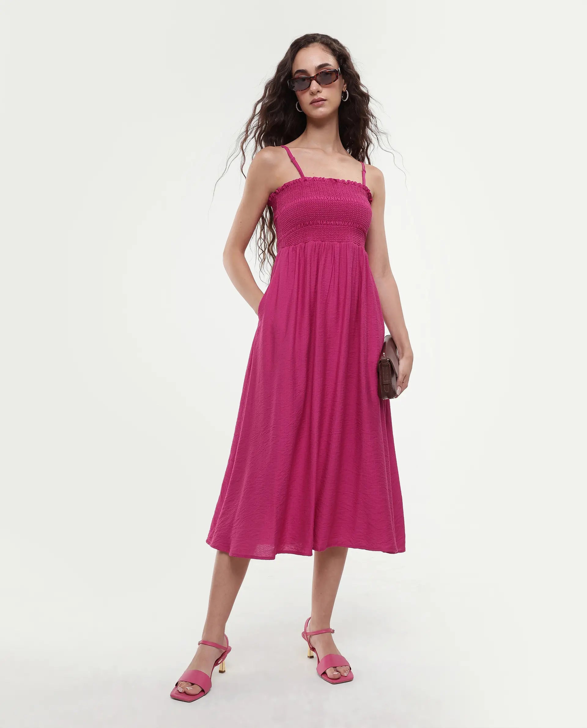 Rareism Women's Addzozo Pink Viscose Blend Sleeveless Tube Neck Elastic Fit And Flare Plain Dress