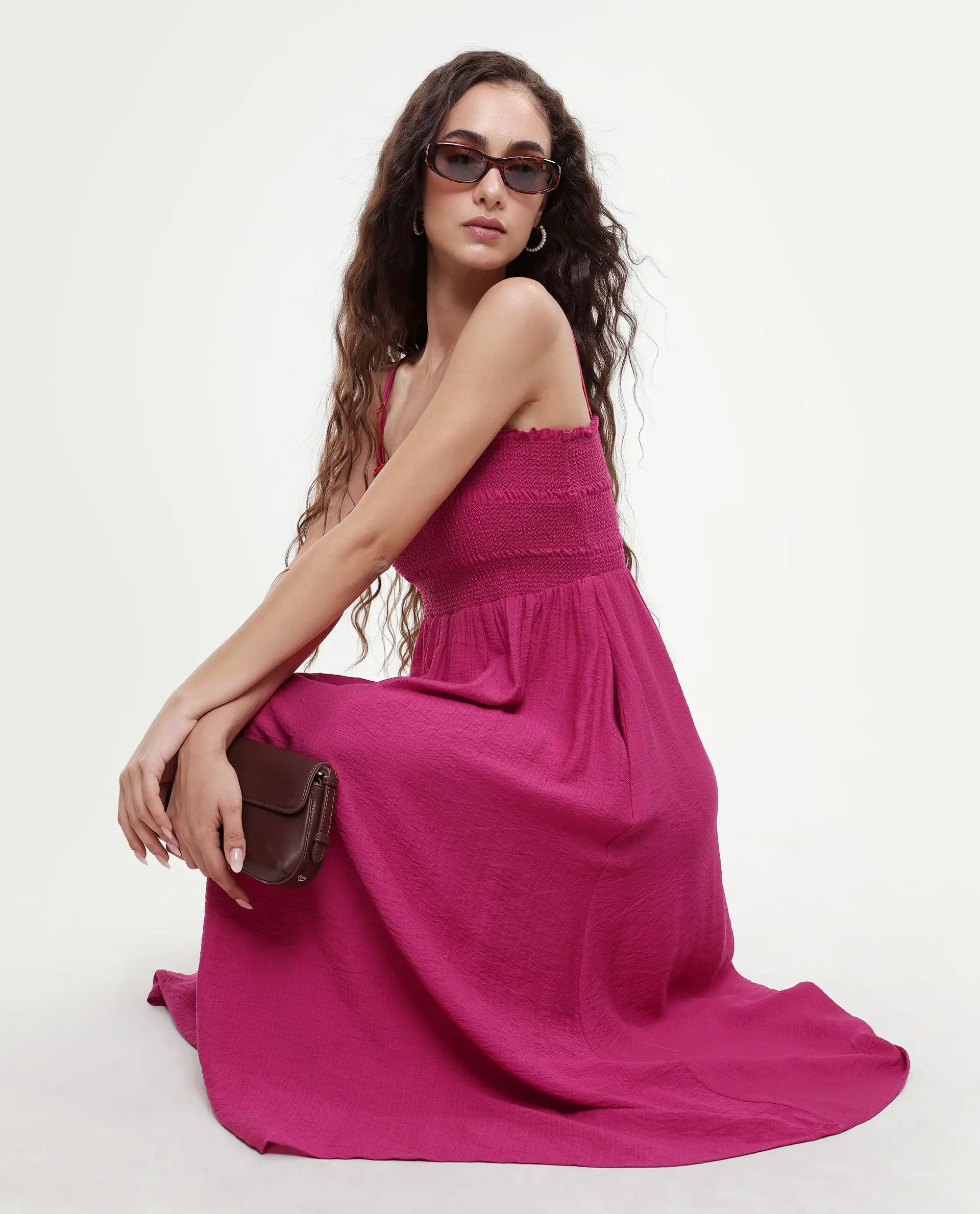 Rareism Women's Addzozo Pink Viscose Blend Sleeveless Tube Neck Elastic Fit And Flare Plain Dress