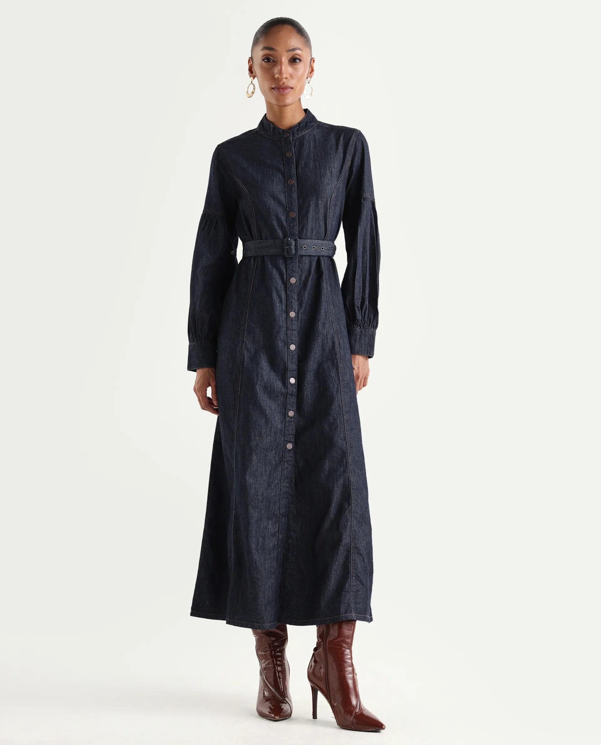 Rareism Women's Denzia Dark Blue Cotton Full Sleeve Spread Collar Regular Fit Plain Dress