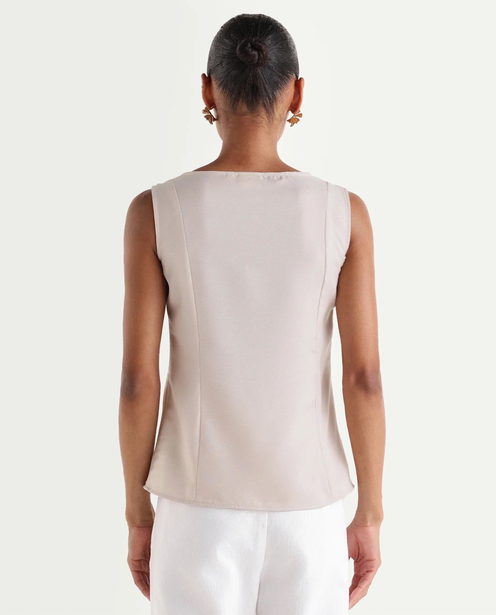 Rareism Women's Valton Primary Beige Polyester Sleeveless V-Neck Regular Fit Top