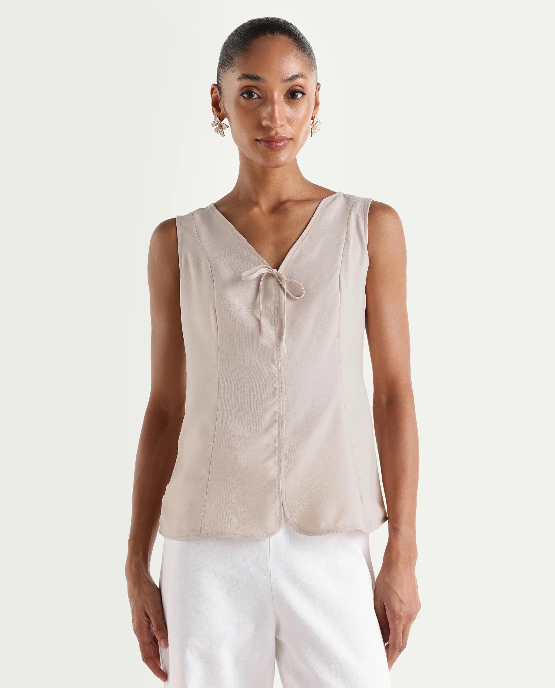 Rareism Women's Valton Primary Beige Polyester Sleeveless V-Neck Regular Fit Top