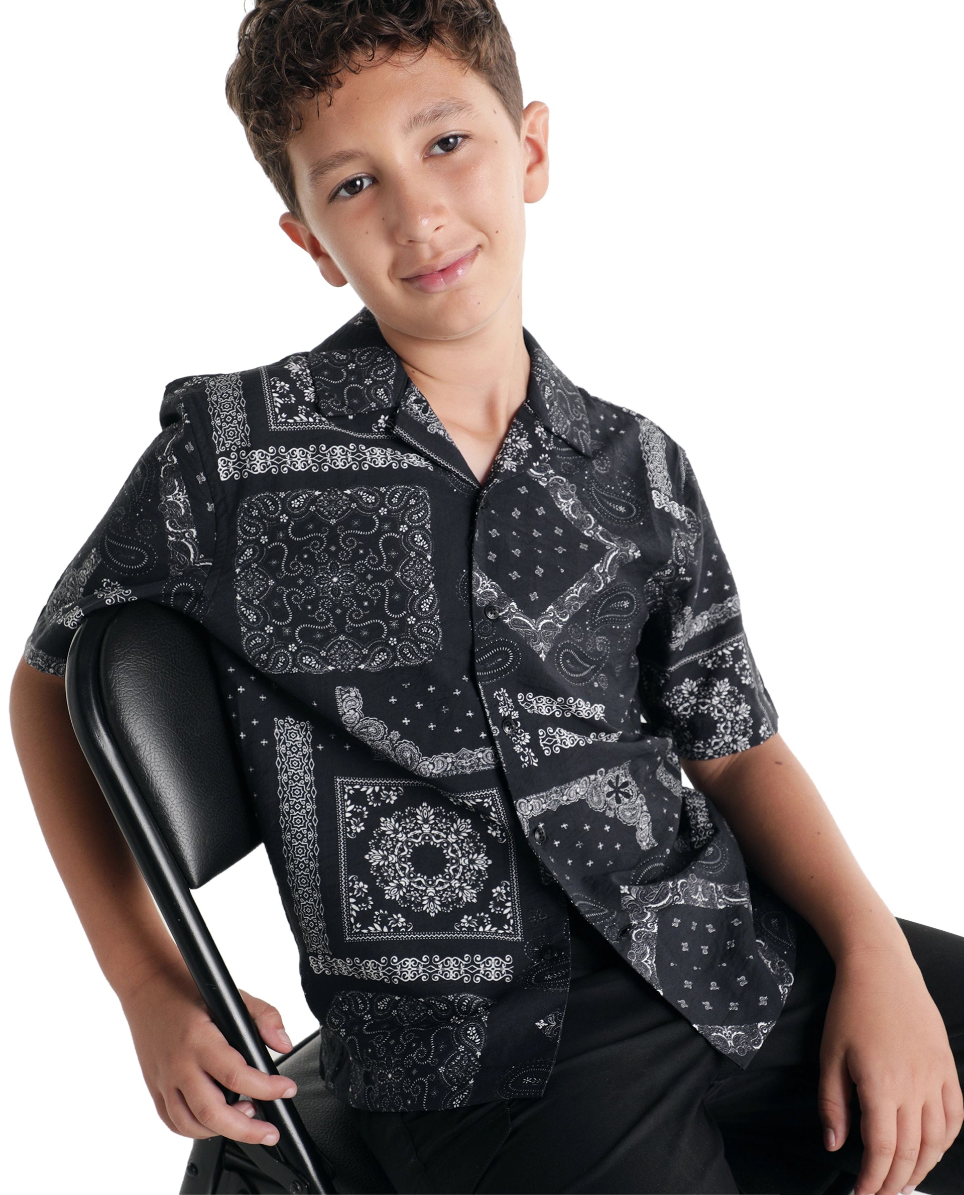 Rare Ones Kids Band-S Black Viscose Blend Fabric Button Closure Regular Fit Shirt