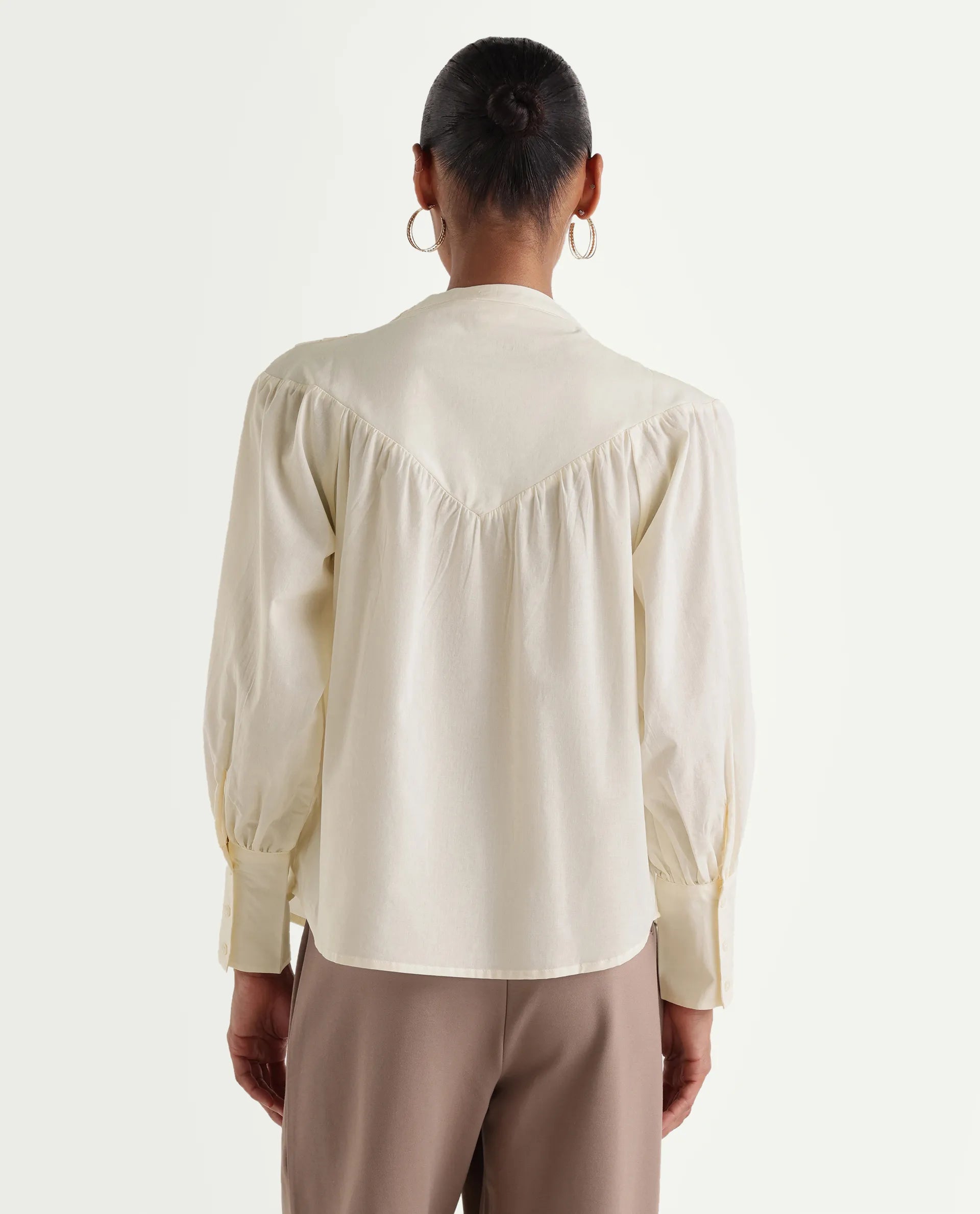 Rareism Women's Hilm Primary Beige Cotton Full Sleeve Crew Neck Regular Fit Top