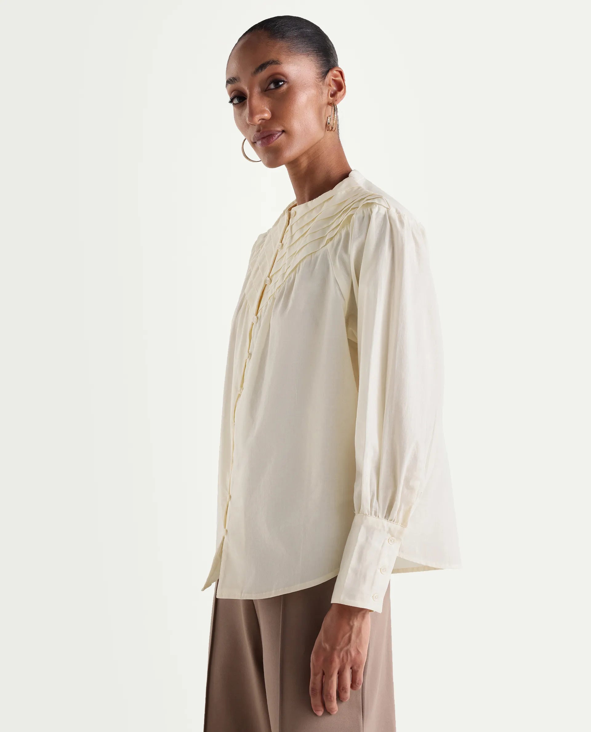 Rareism Women's Hilm Primary Beige Cotton Full Sleeve Crew Neck Regular Fit Top