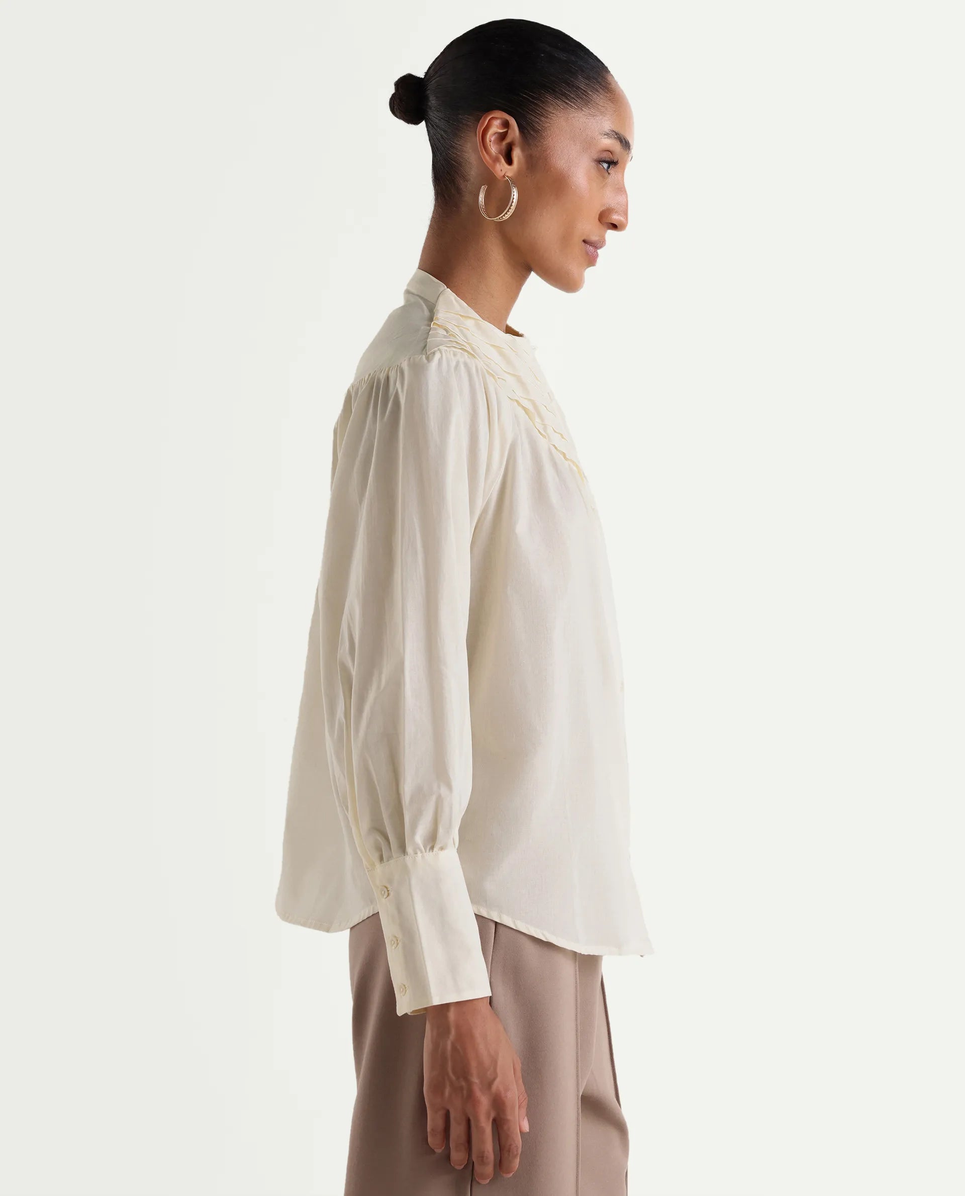 Rareism Women's Hilm Primary Beige Cotton Full Sleeve Crew Neck Regular Fit Top