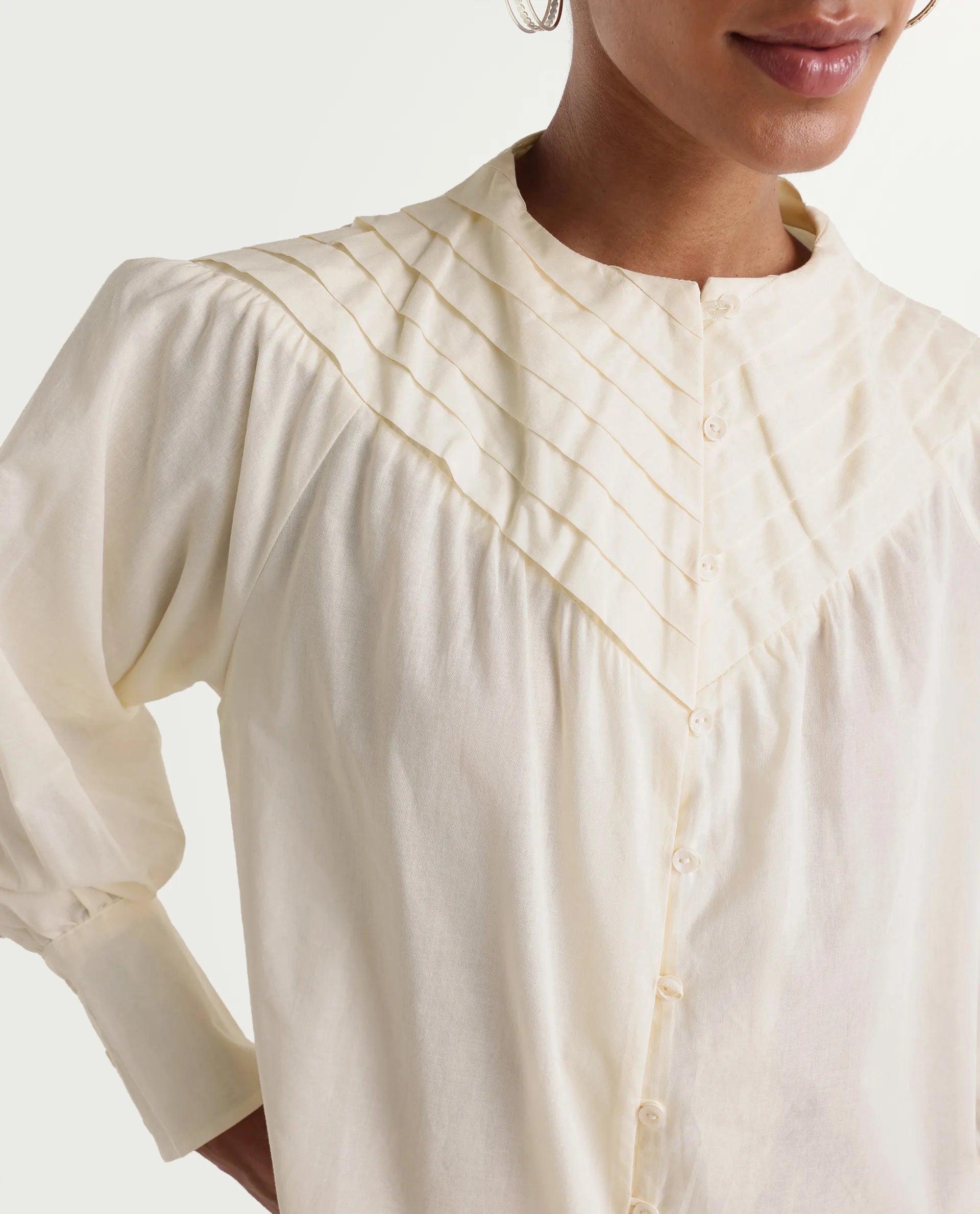Rareism Women's Hilm Primary Beige Cotton Full Sleeve Crew Neck Regular Fit Top