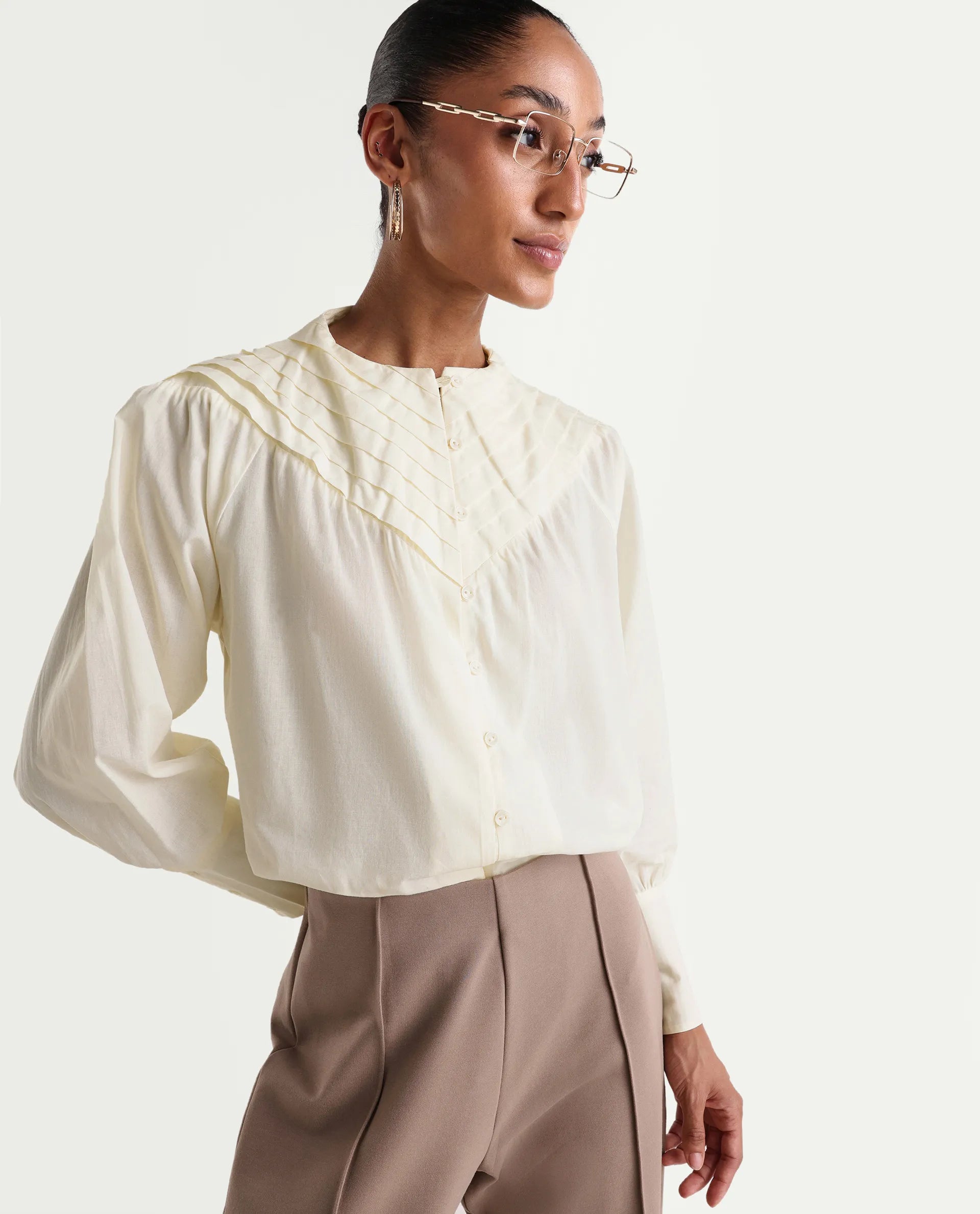 Rareism Women's Hilm Primary Beige Cotton Full Sleeve Crew Neck Regular Fit Top