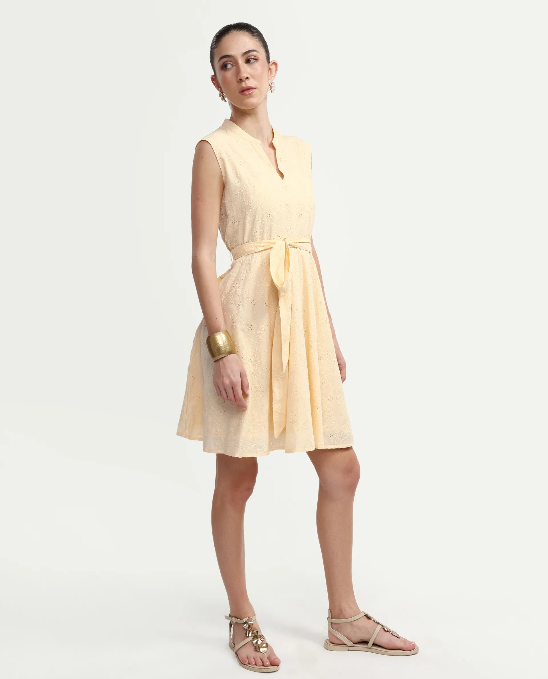 Rareism Women's Rumi Pastel Yellow Cotton Sleeveless Band Collar Regular Fit Plain Dress