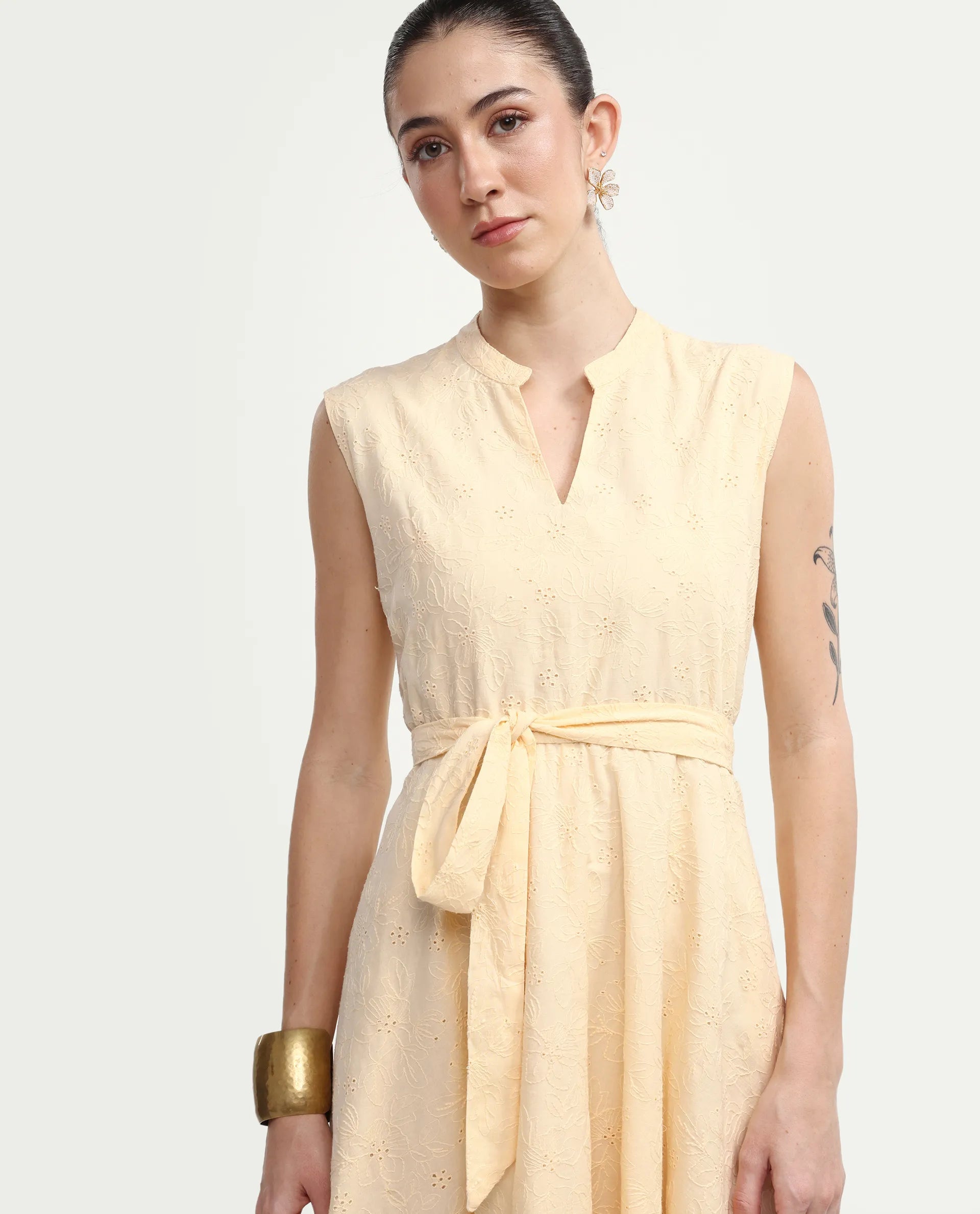 Rareism Women's Rumi Pastel Yellow Cotton Sleeveless Band Collar Regular Fit Plain Dress