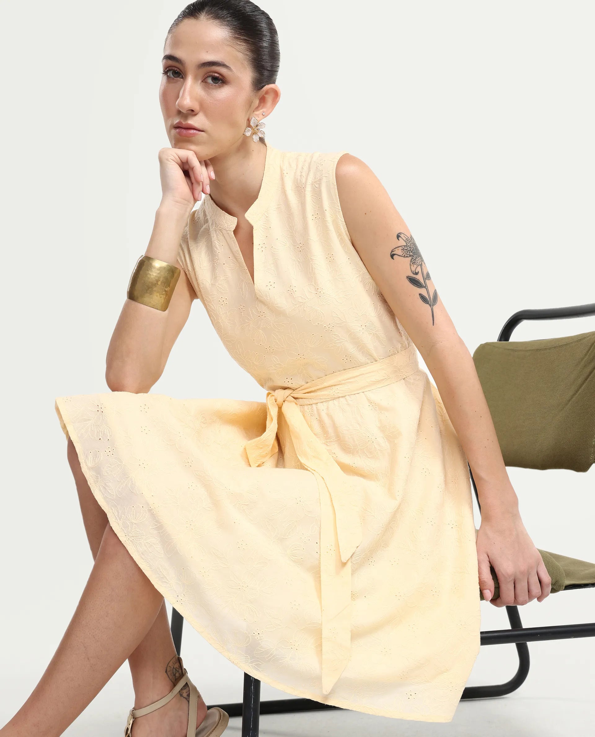 Rareism Women's Rumi Pastel Yellow Cotton Sleeveless Band Collar Regular Fit Plain Dress