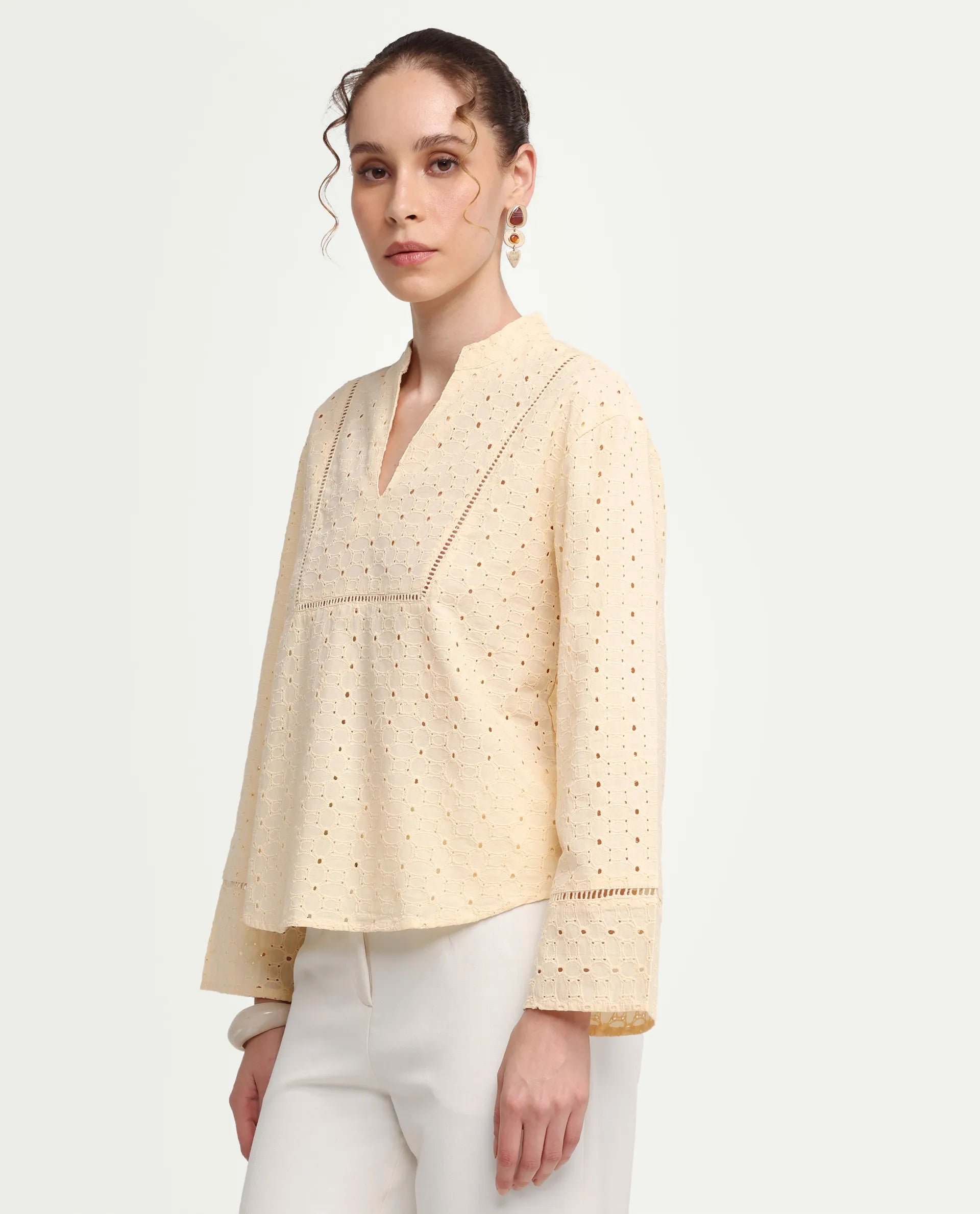 Rareism Women's Ruch Pastel Yellow Cotton Full Sleeve Band Collar Regular Fit Top
