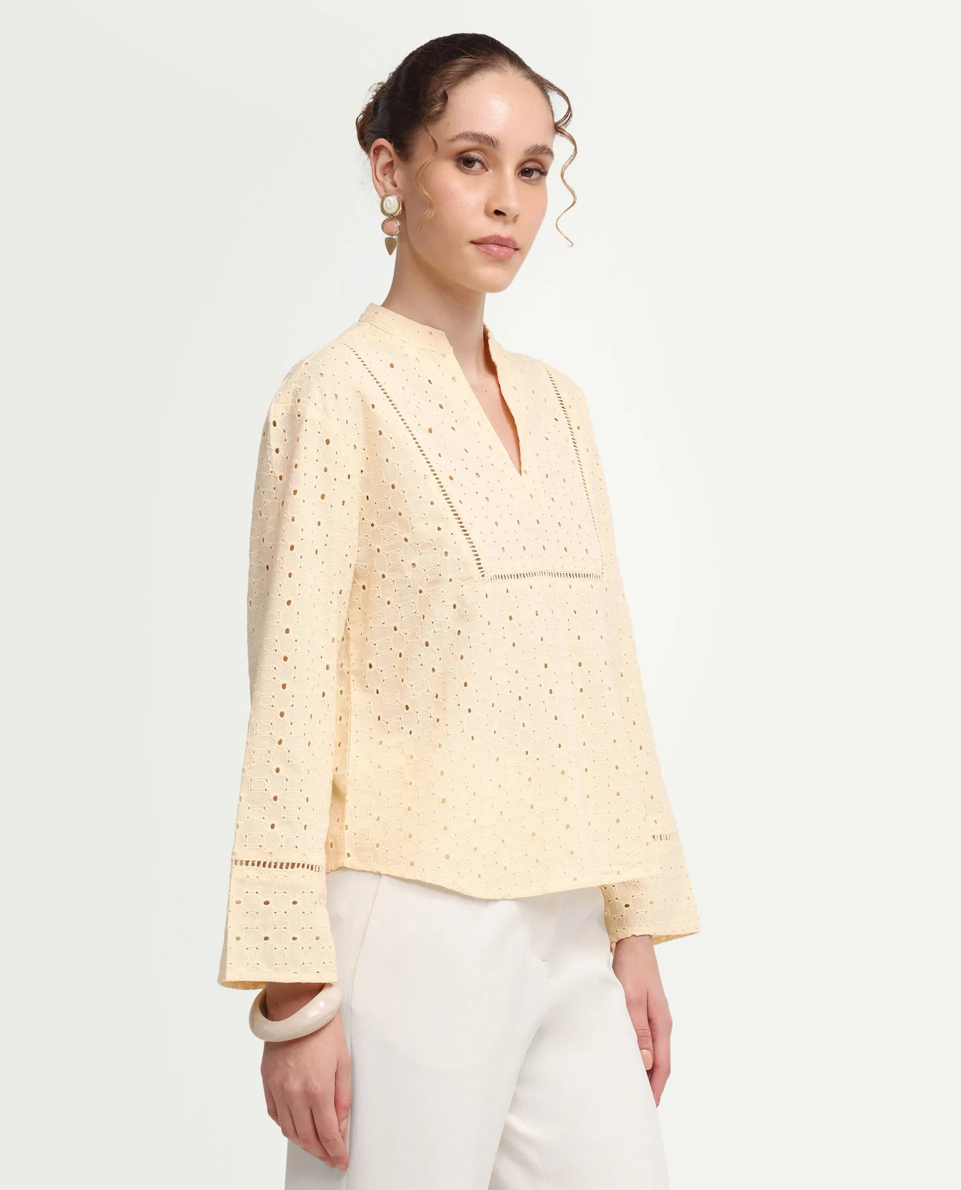 Rareism Women's Ruch Pastel Yellow Cotton Full Sleeve Band Collar Regular Fit Top