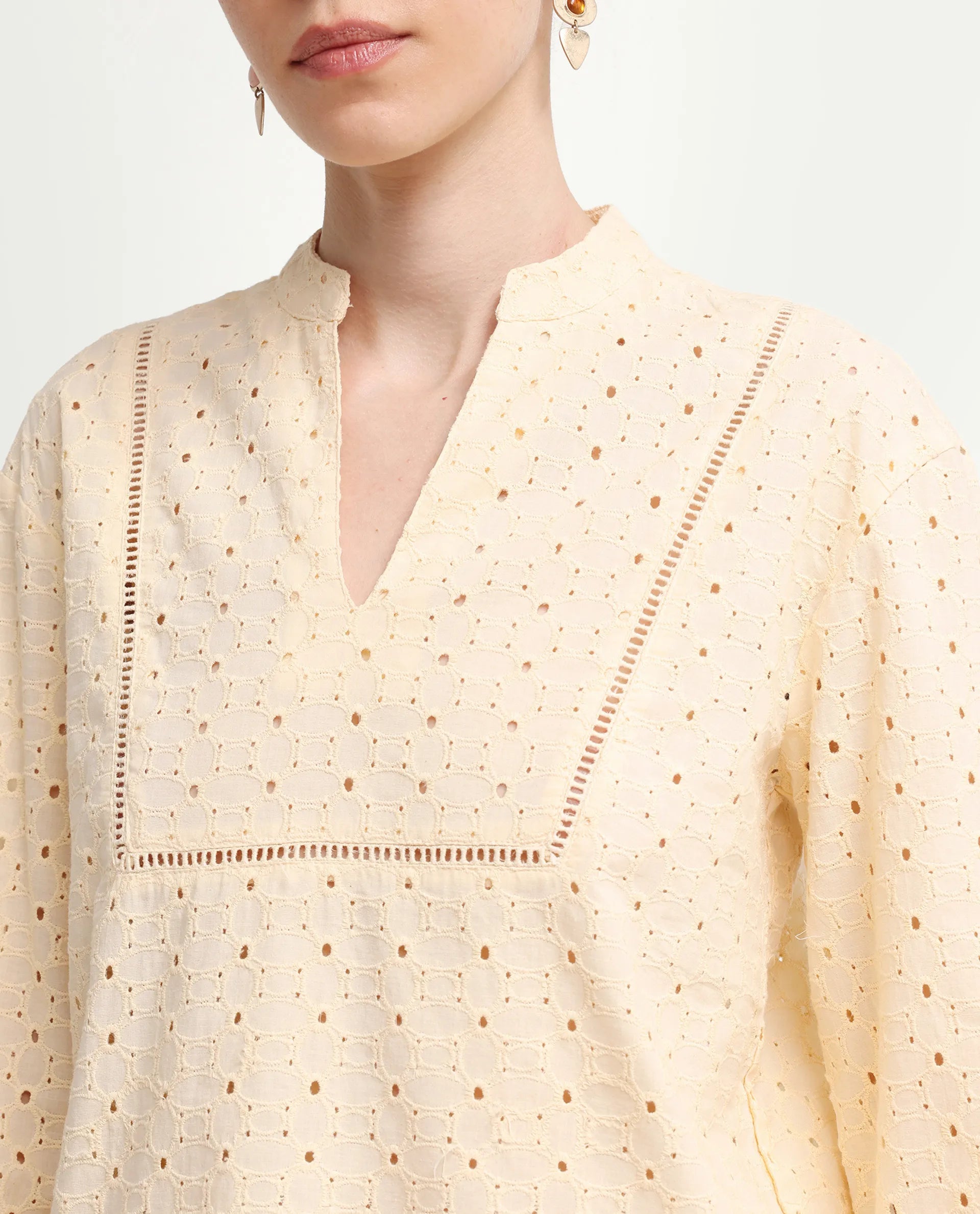 Rareism Women's Ruch Pastel Yellow Cotton Full Sleeve Band Collar Regular Fit Top