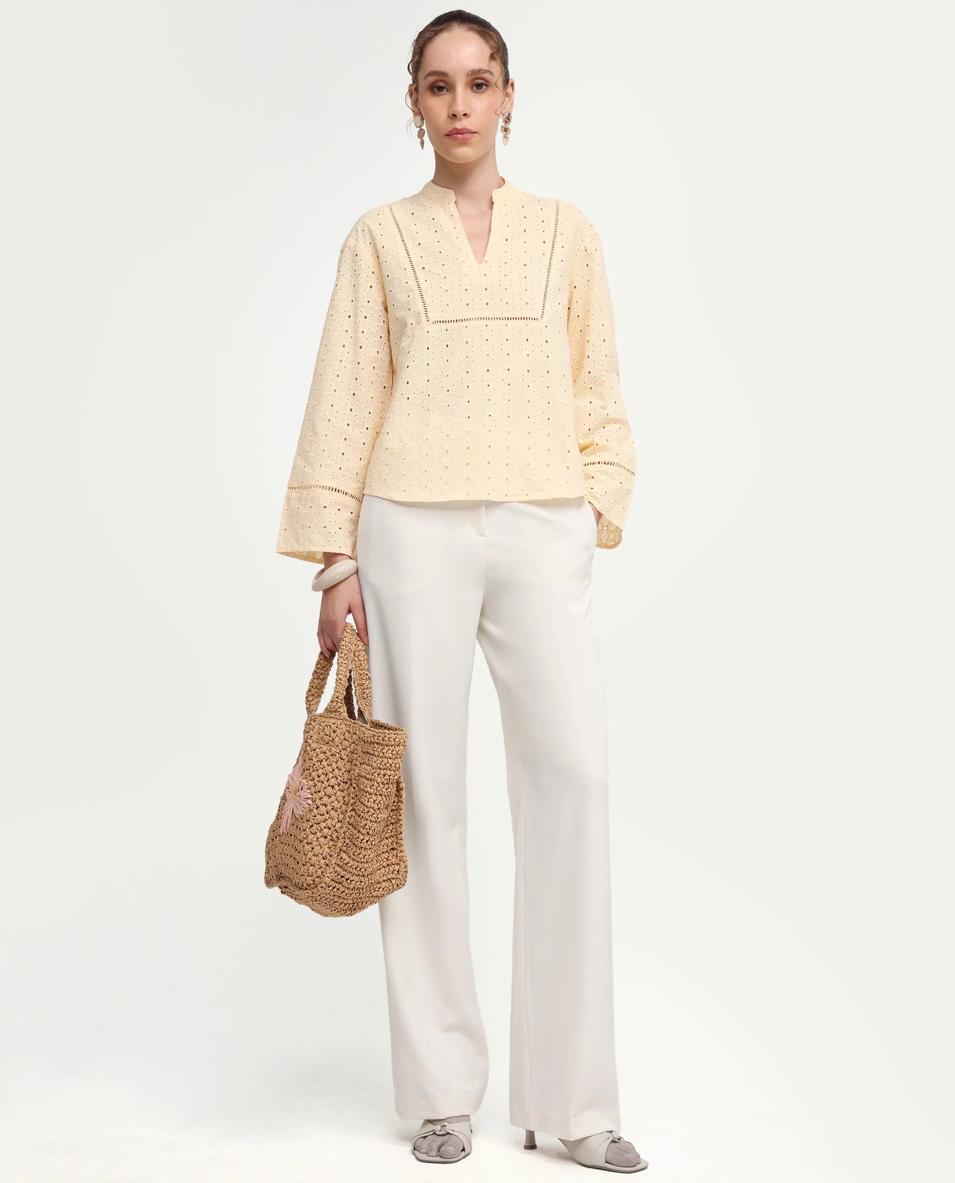 Rareism Women's Ruch Pastel Yellow Cotton Full Sleeve Band Collar Regular Fit Top