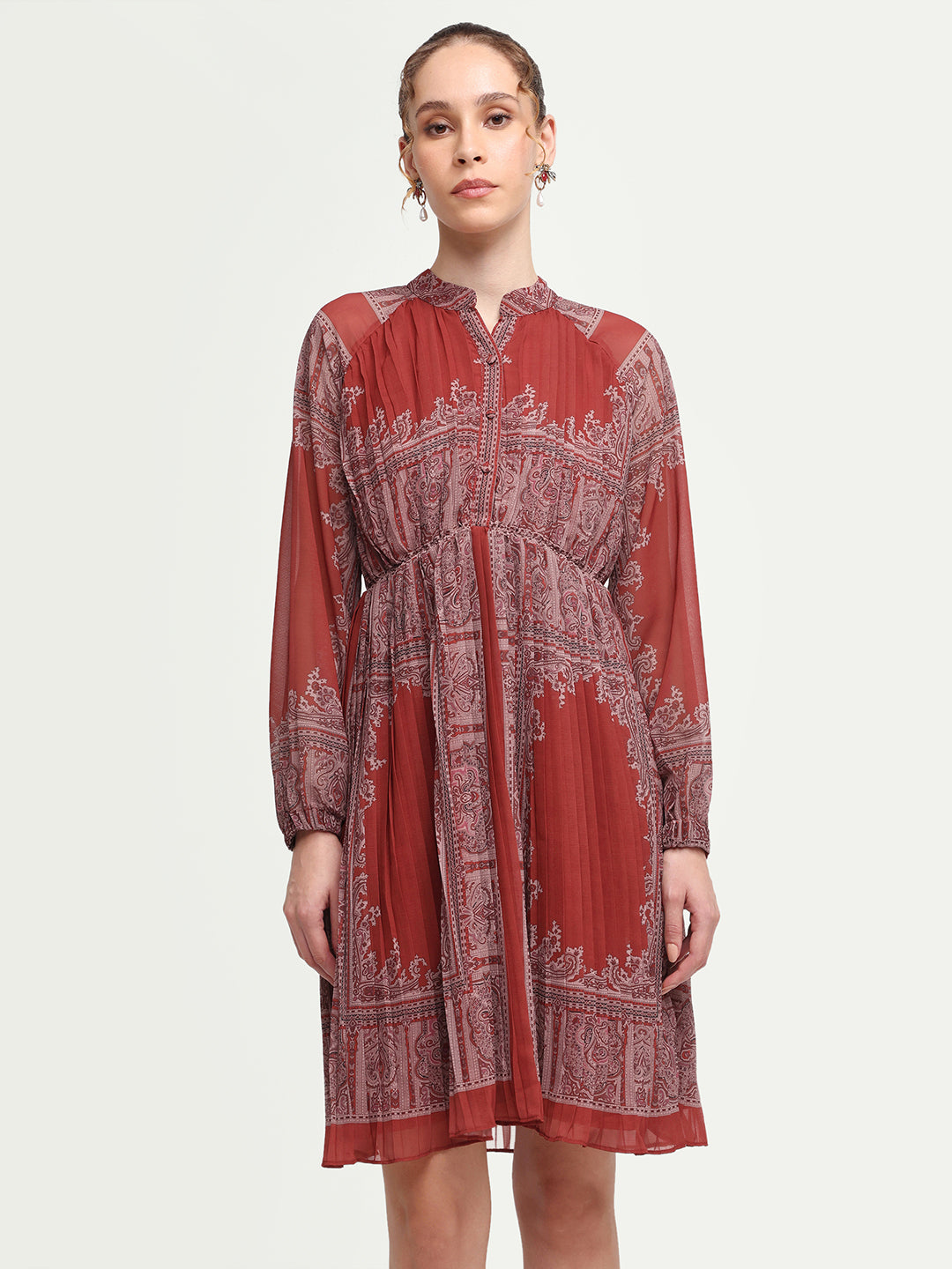 Rareism Women's Addene Rust Polyester Mandarin Collar Button Flared Bandana Print Dress