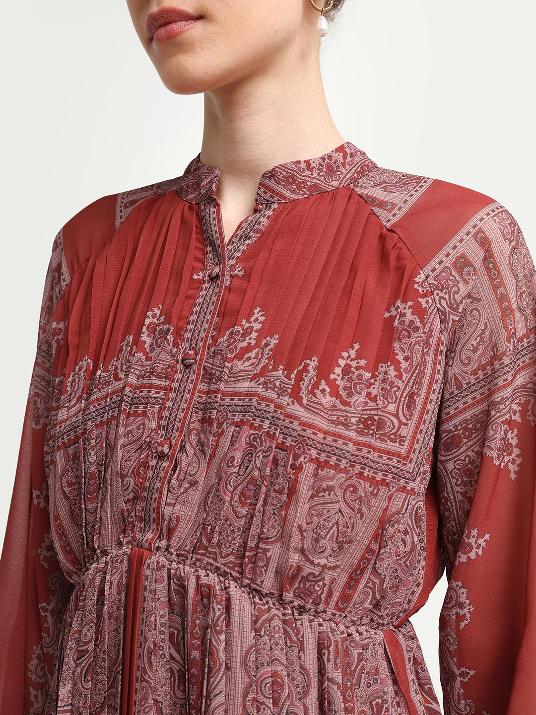 Rareism Women's Addene Rust Polyester Mandarin Collar Button Flared Bandana Print Dress