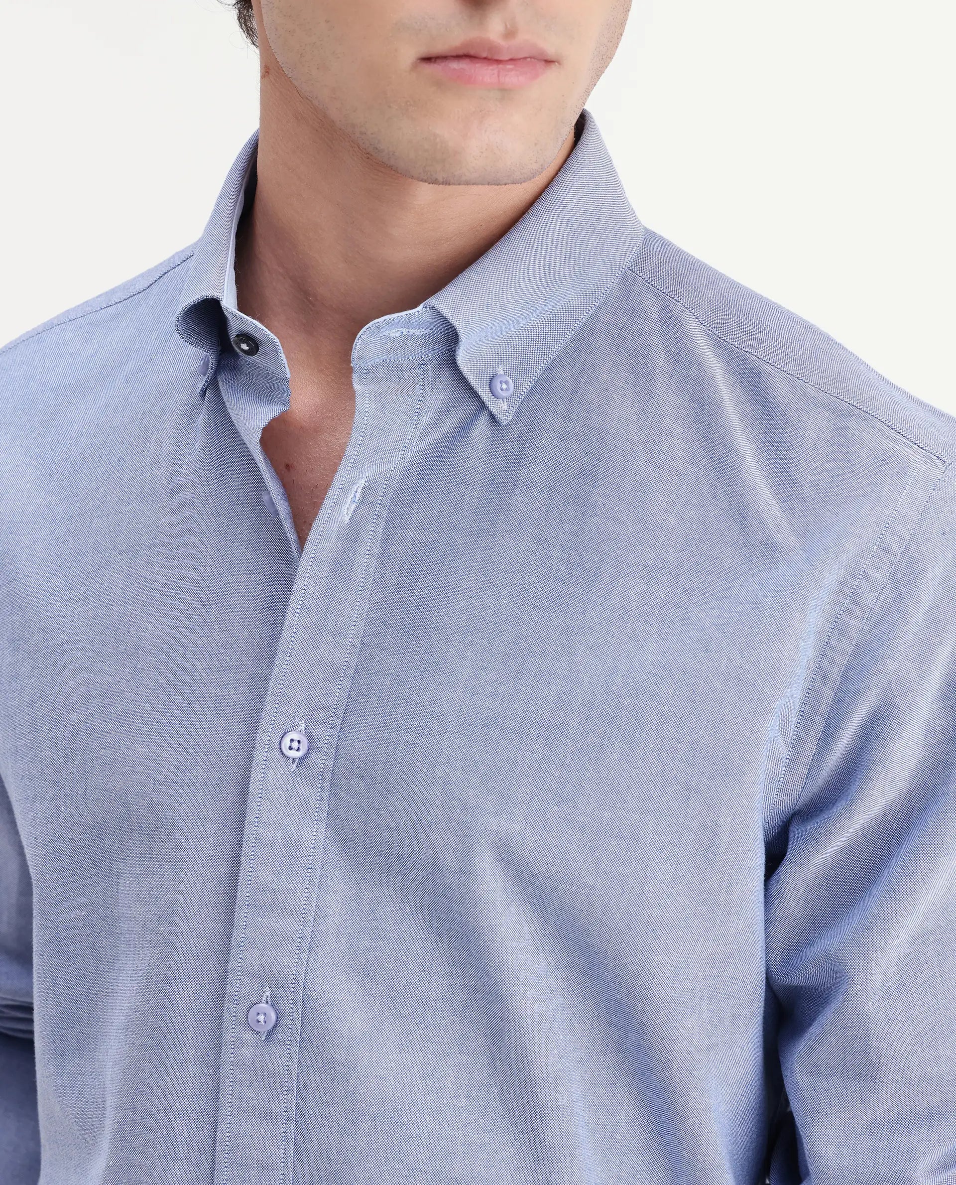 Rare Rabbit Men's Olise Blue Cotton Spread Collar Button Regular Fit Plain Shirt