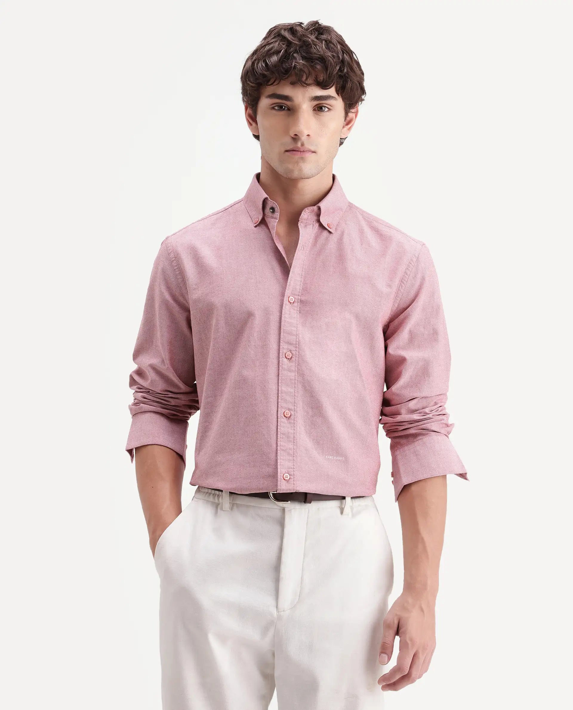 Rare Rabbit Men's Olise Red Cotton Button-Down Collar Regular Fit Plain Shirt