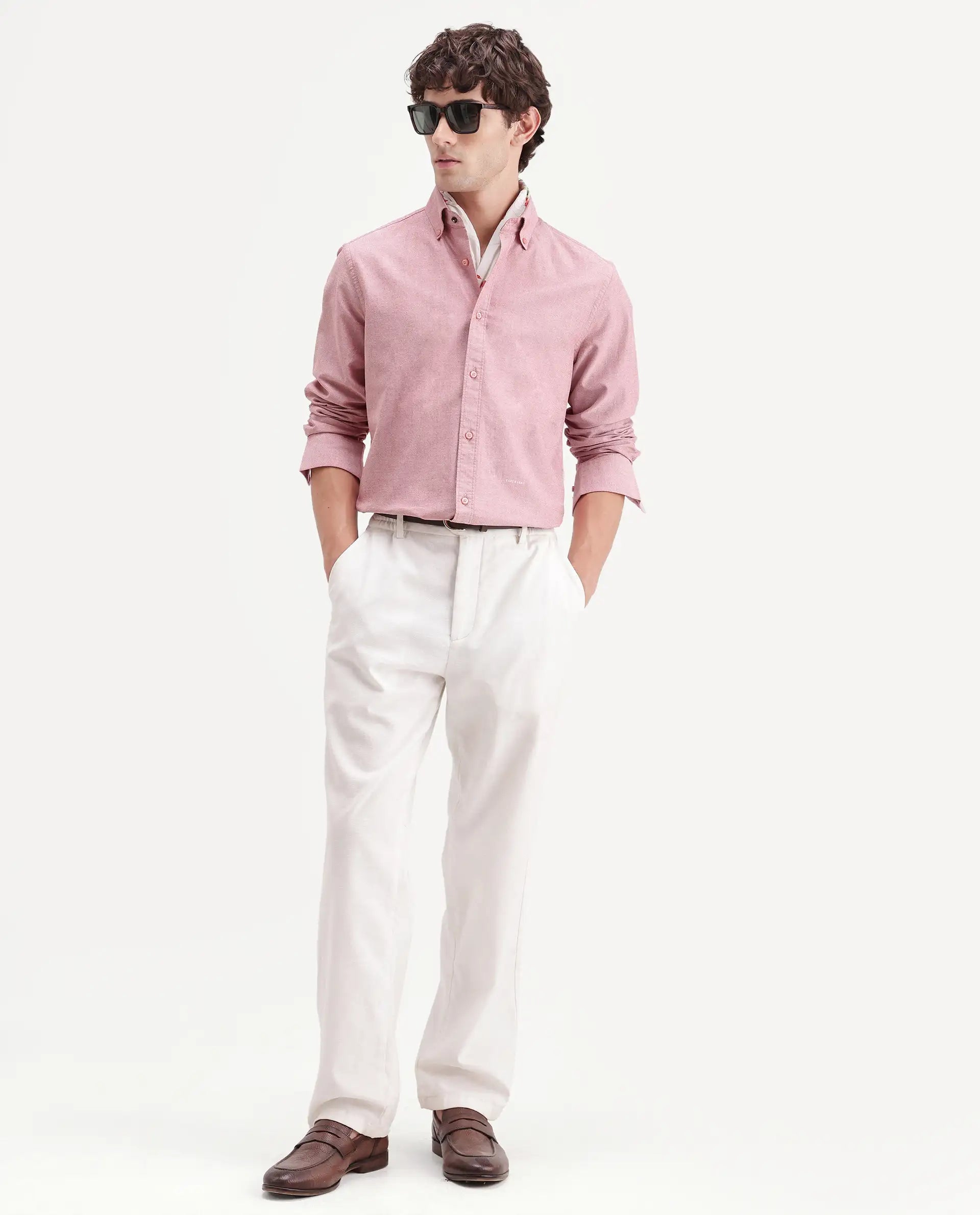 Rare Rabbit Men's Olise Red Cotton Button-Down Collar Regular Fit Plain Shirt