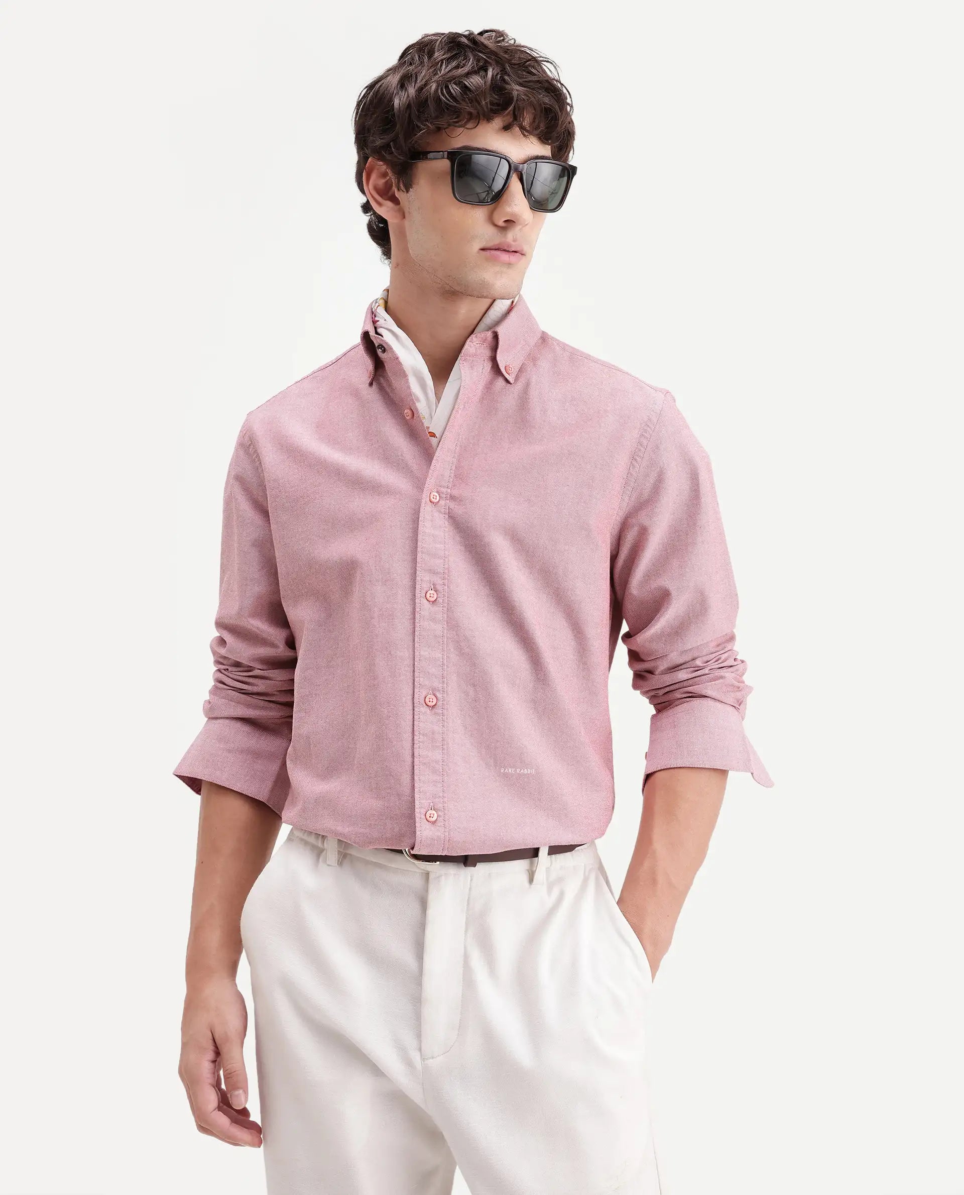 Rare Rabbit Men's Olise Red Cotton Button-Down Collar Regular Fit Plain Shirt