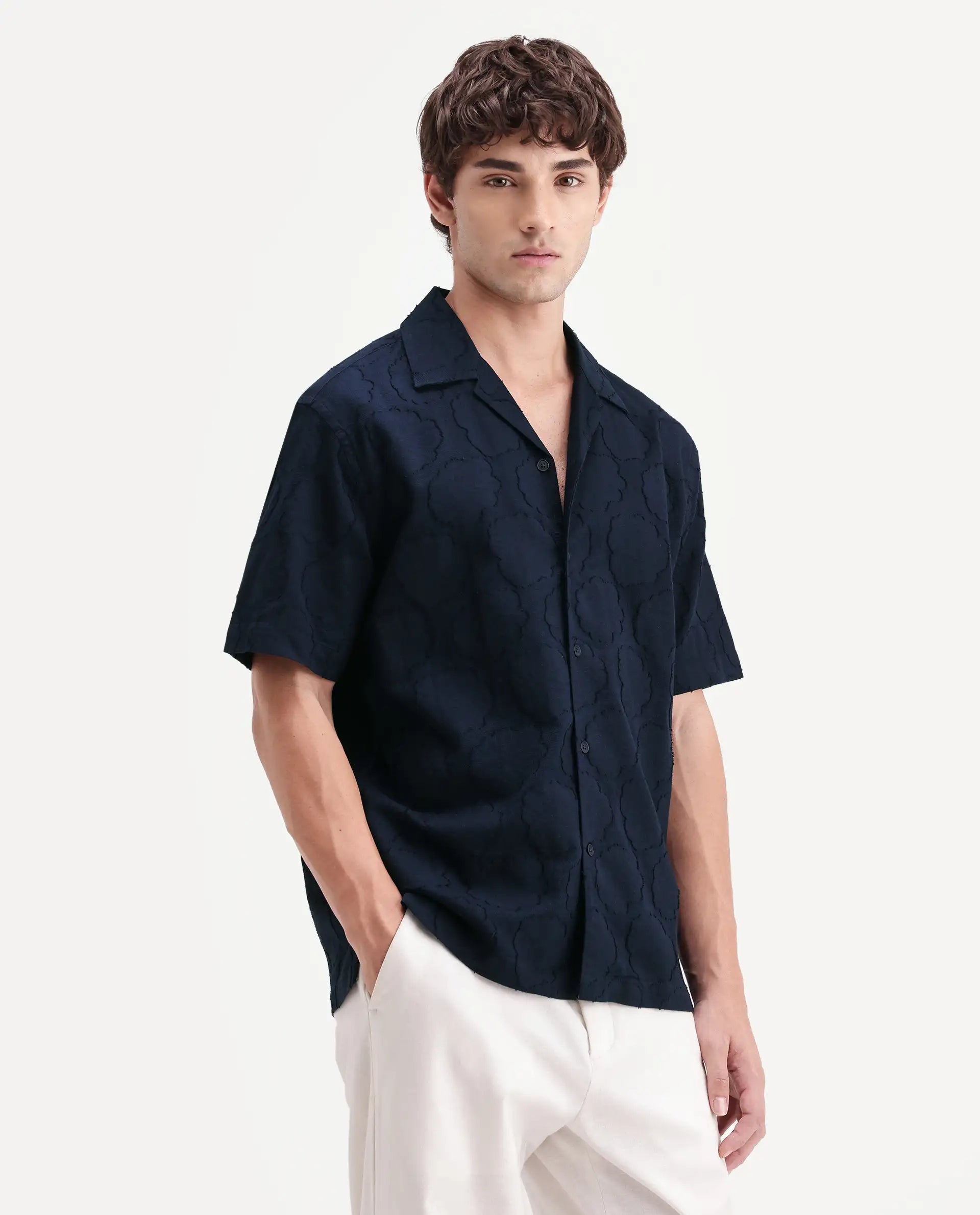 Rare Rabbit Men's Plunt Navy Cotton Cuban Collar Button Relaxed Fit Jacquard Print Shirt