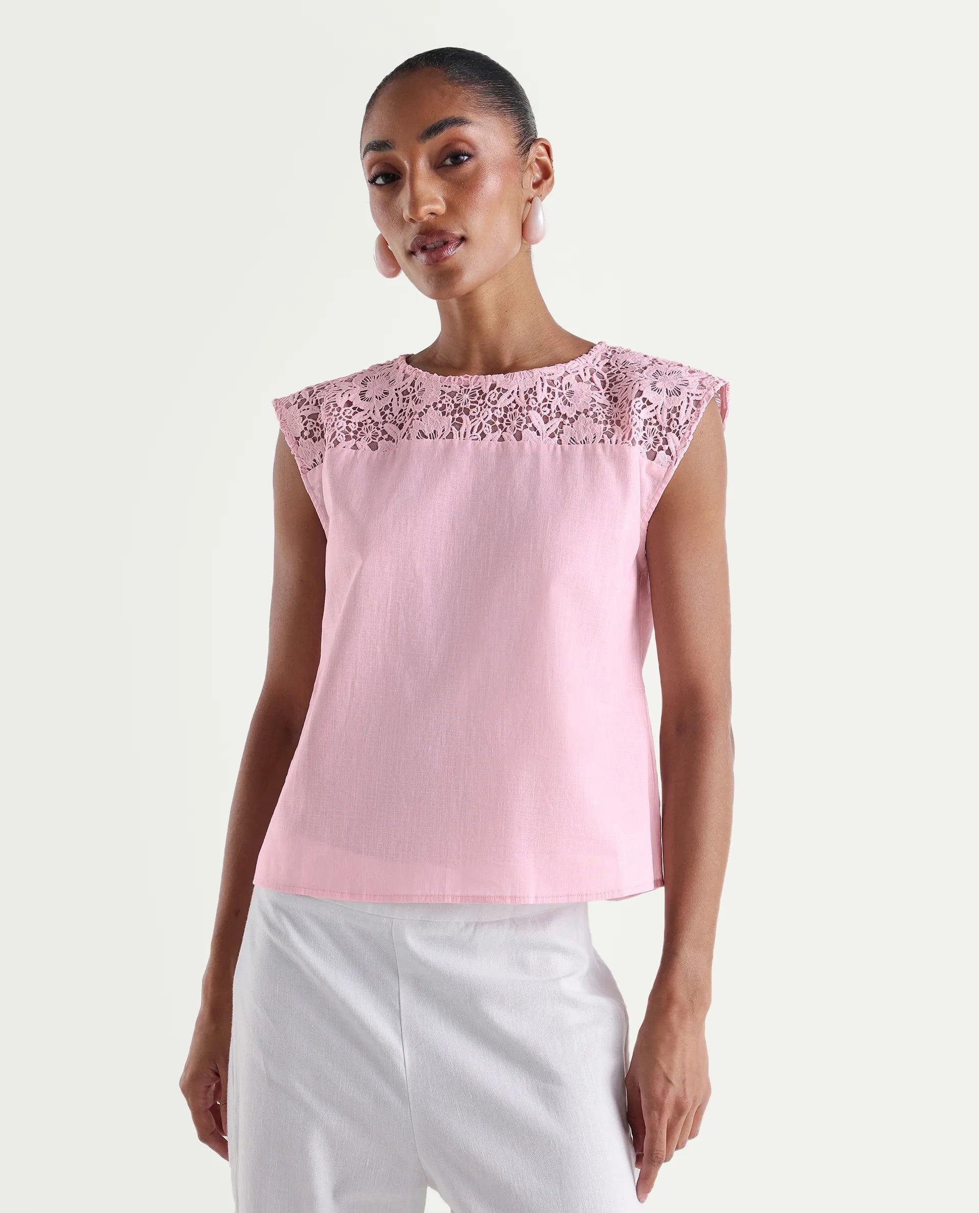Rareism Women's Hige Light Pink Cotton Crew Neck Regular Plain Top