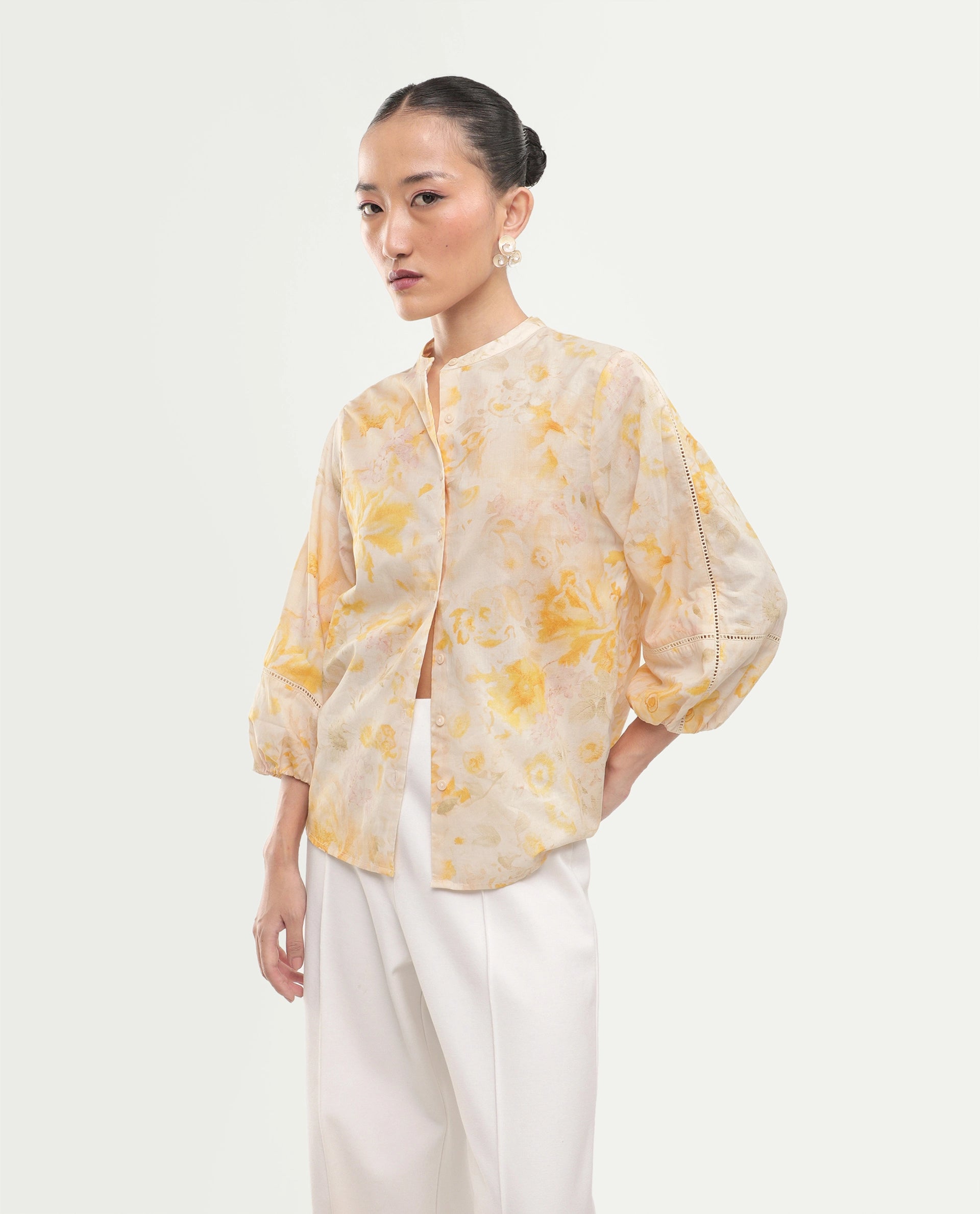 Rareism Women's Runes Yellow Cotton Band Collar Regular Floral Print Top